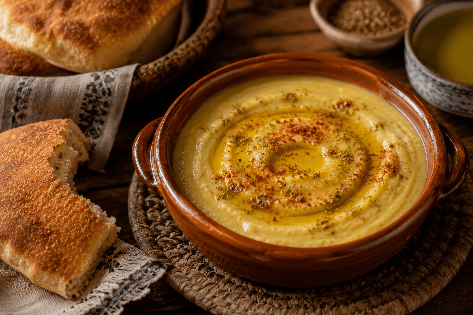 Bol de bissara marocaine, velouté de fèves nappé d'huile d'olive et saupoudré de cumin et de paprika, servi avec du pain khobz.
