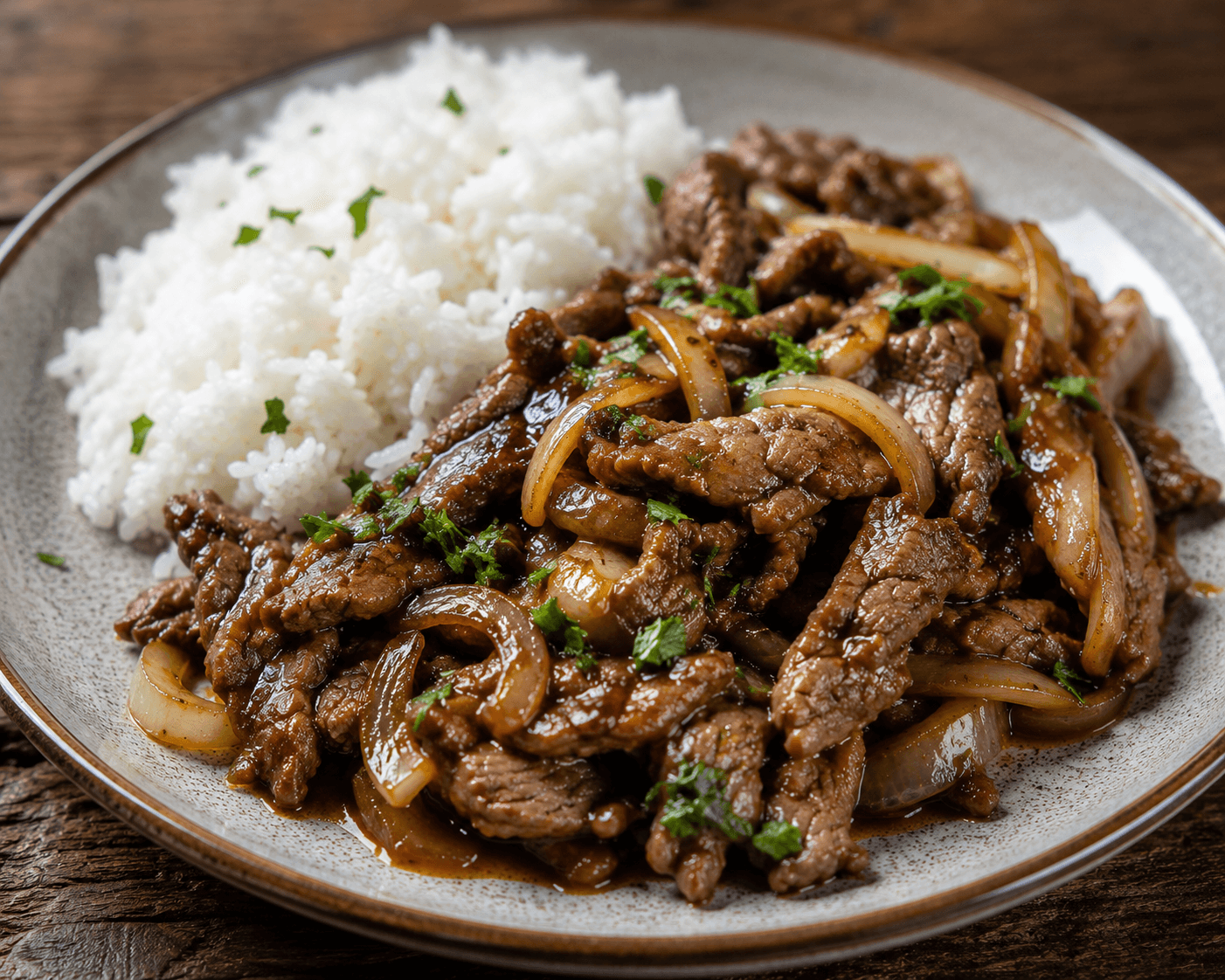Bœuf sauté aux oignons façon cantonaise, lamelles de bœuf tendres et oignons caramélisés nappés d'une sauce brune brillante, parsemé d'oignons nouveaux, servi dans un wok