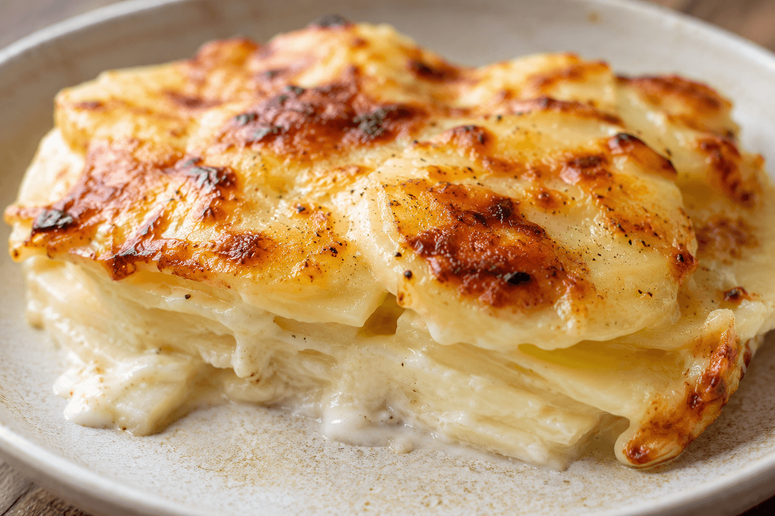 Gratin dauphinois doré dans son plat, une portion prélevée révélant les fines couches de pommes de terre fondantes nappées de crème.