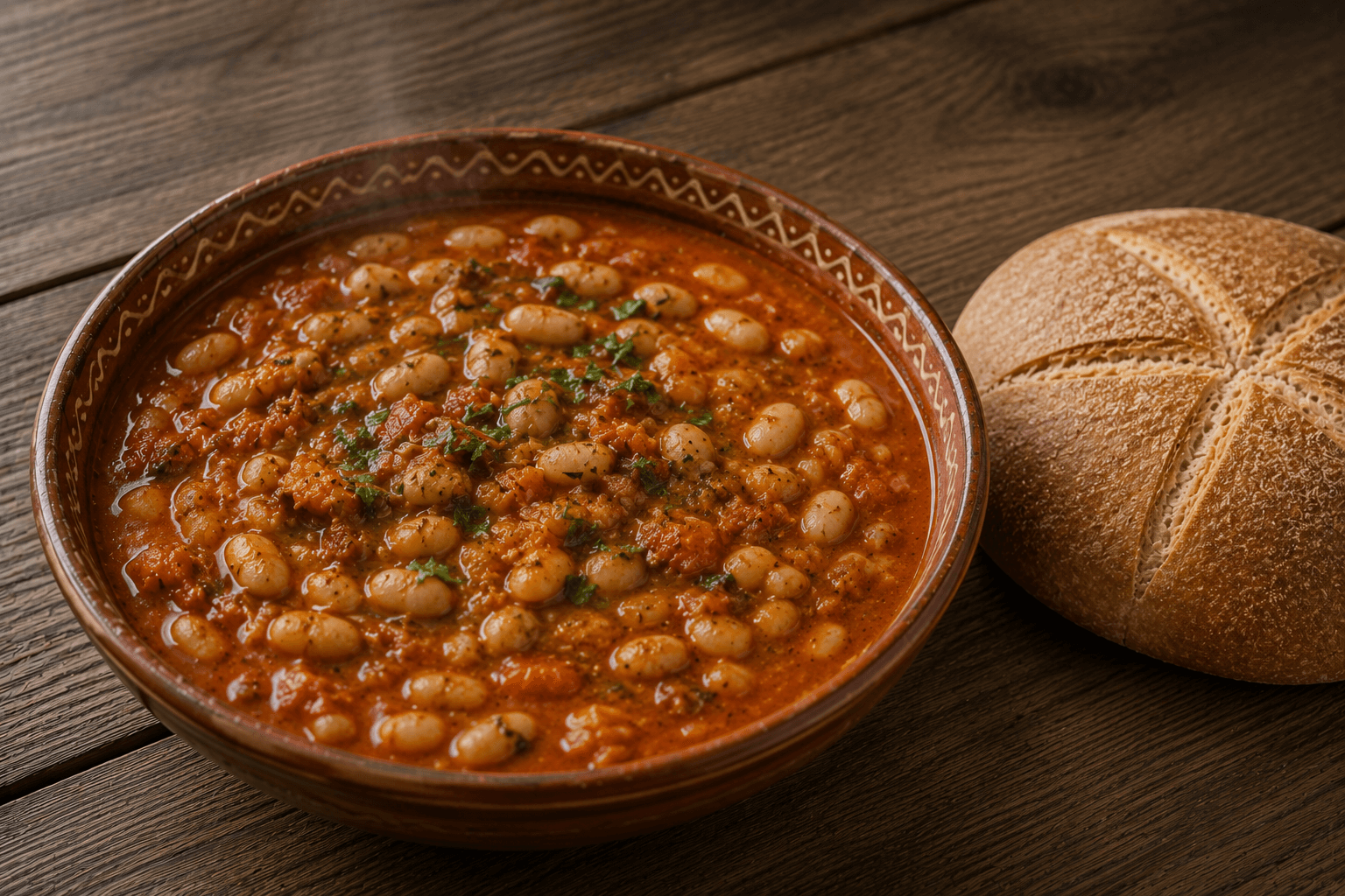 Cocotte de loubia marocaine, haricots blancs mijotés dans une sauce tomate épicée au cumin et paprika, parsemée de coriandre fraîche et servie avec du pain khobz.