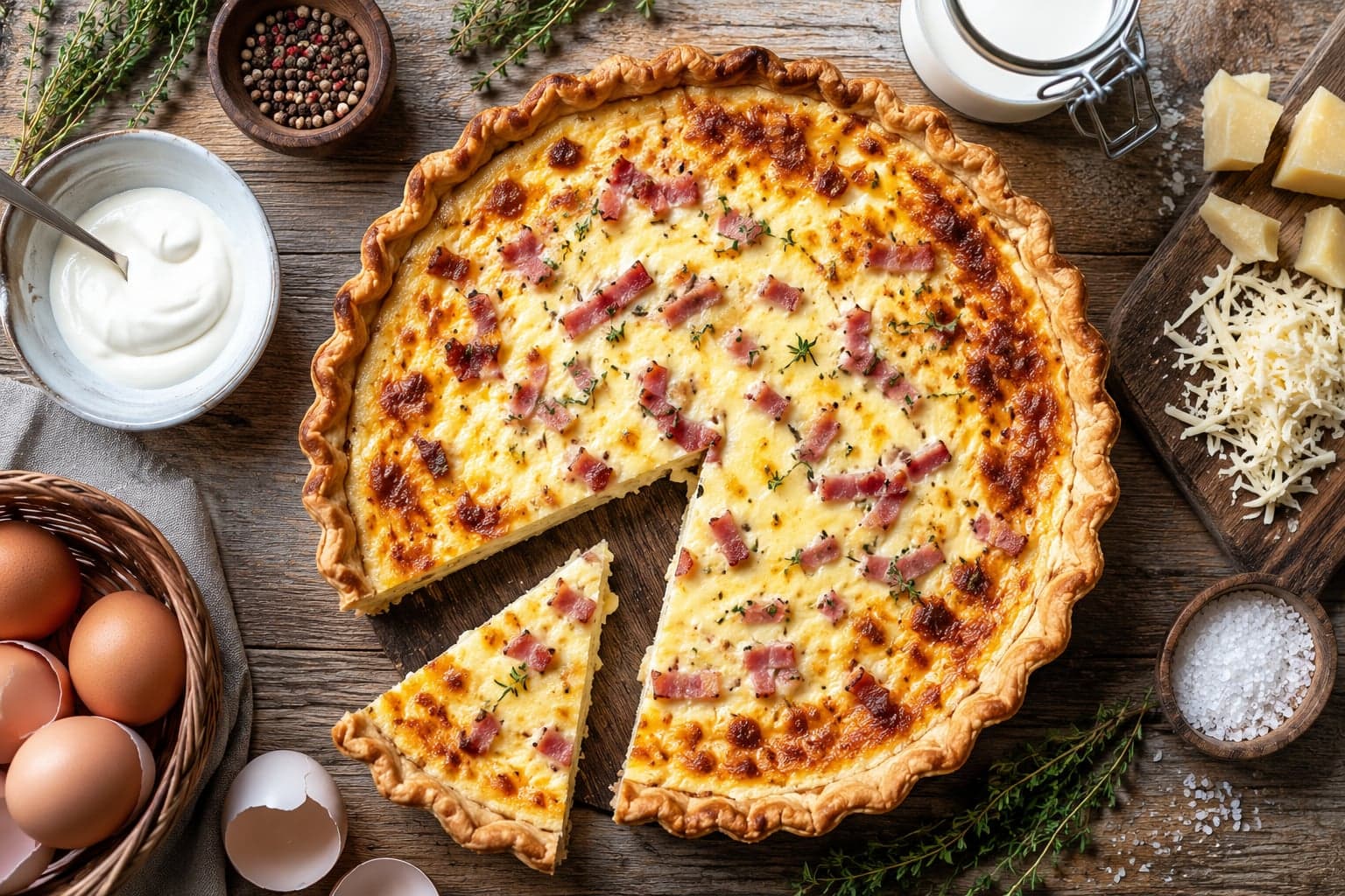 Quiche lorraine tiède à la pâte dorée, garnie de lardons fumés et de migaine crémeuse, part coupée sur assiette