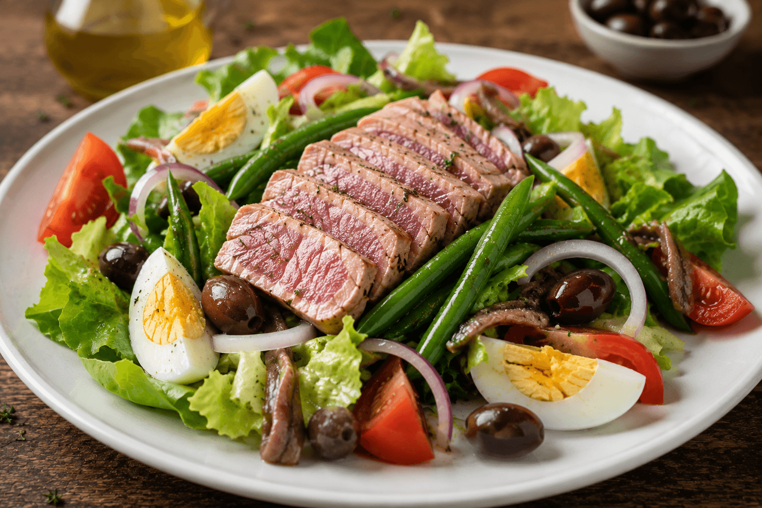 Salade niçoise dressée sur un plat blanc, avec thon émietté, œufs durs en quartiers, tomates, olives noires et filets d'anchois.