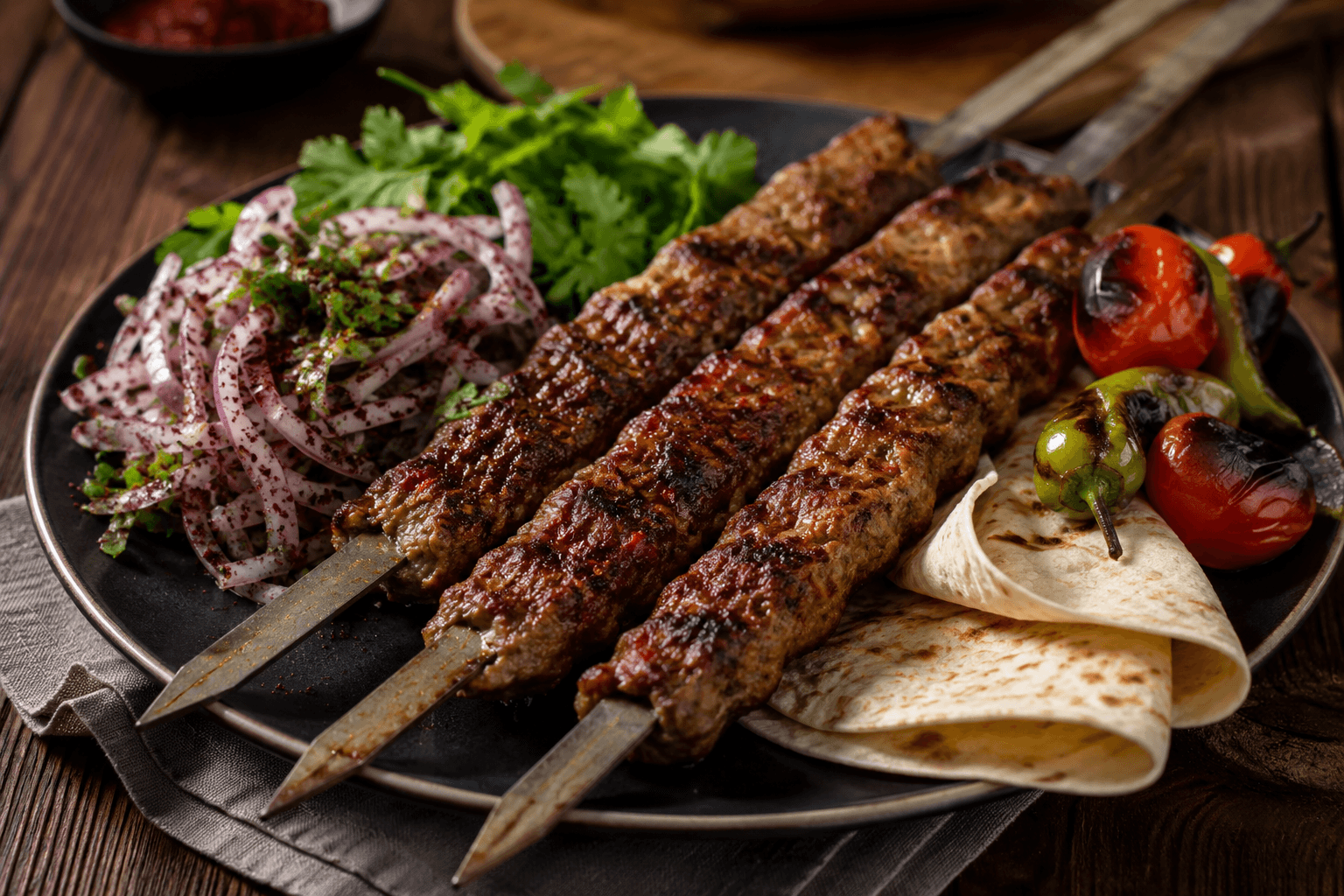 Brochettes d'Adana kebab à l'agneau grillées sur des braises, servies avec oignons au sumac, pain lavash et poivrons grillés