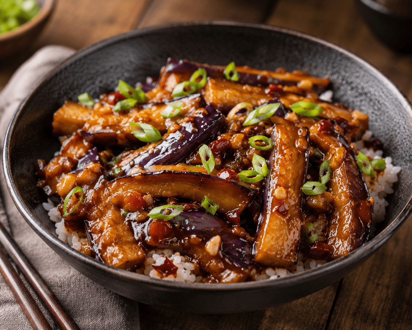 Bâtonnets d'aubergine glacés dans une sauce brillante rouge-brun au doubanjiang, parsemés d'oignon nouveau, servis en bol sur du riz vapeur