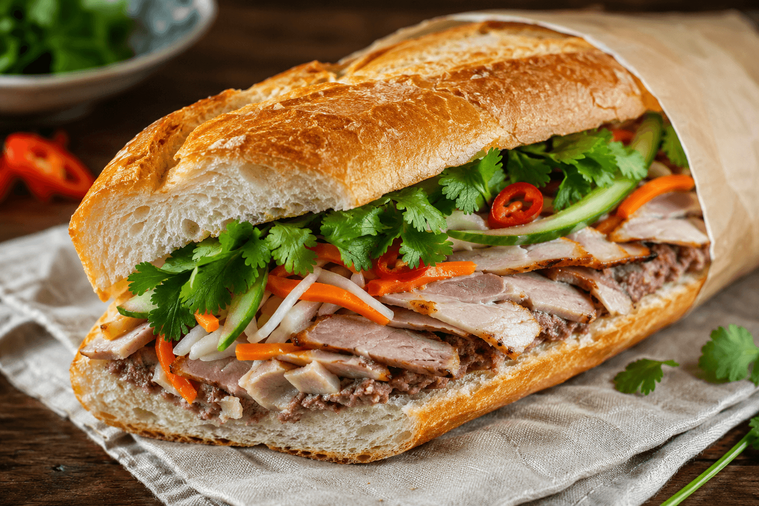 Sandwich bánh mì vietnamien coupé en deux, garni de porc, pâté, pickles de carotte et daïkon, concombre, coriandre et piment, posé sur une planche en bois.