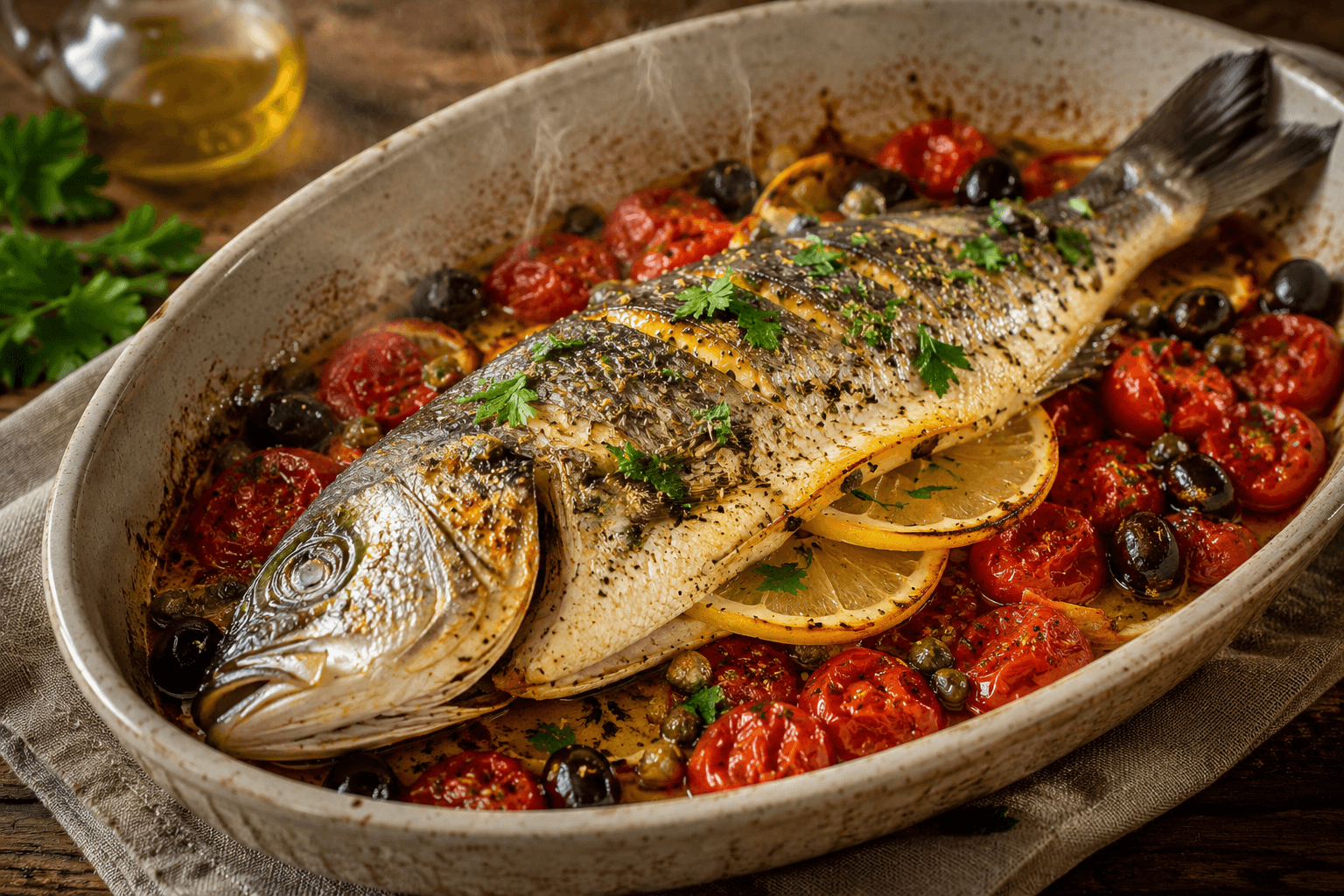 Bar entier rôti au four à l'italienne sur un lit de tomates cerises, olives noires et câpres, arrosé d'huile d'olive et parsemé de persil frais.