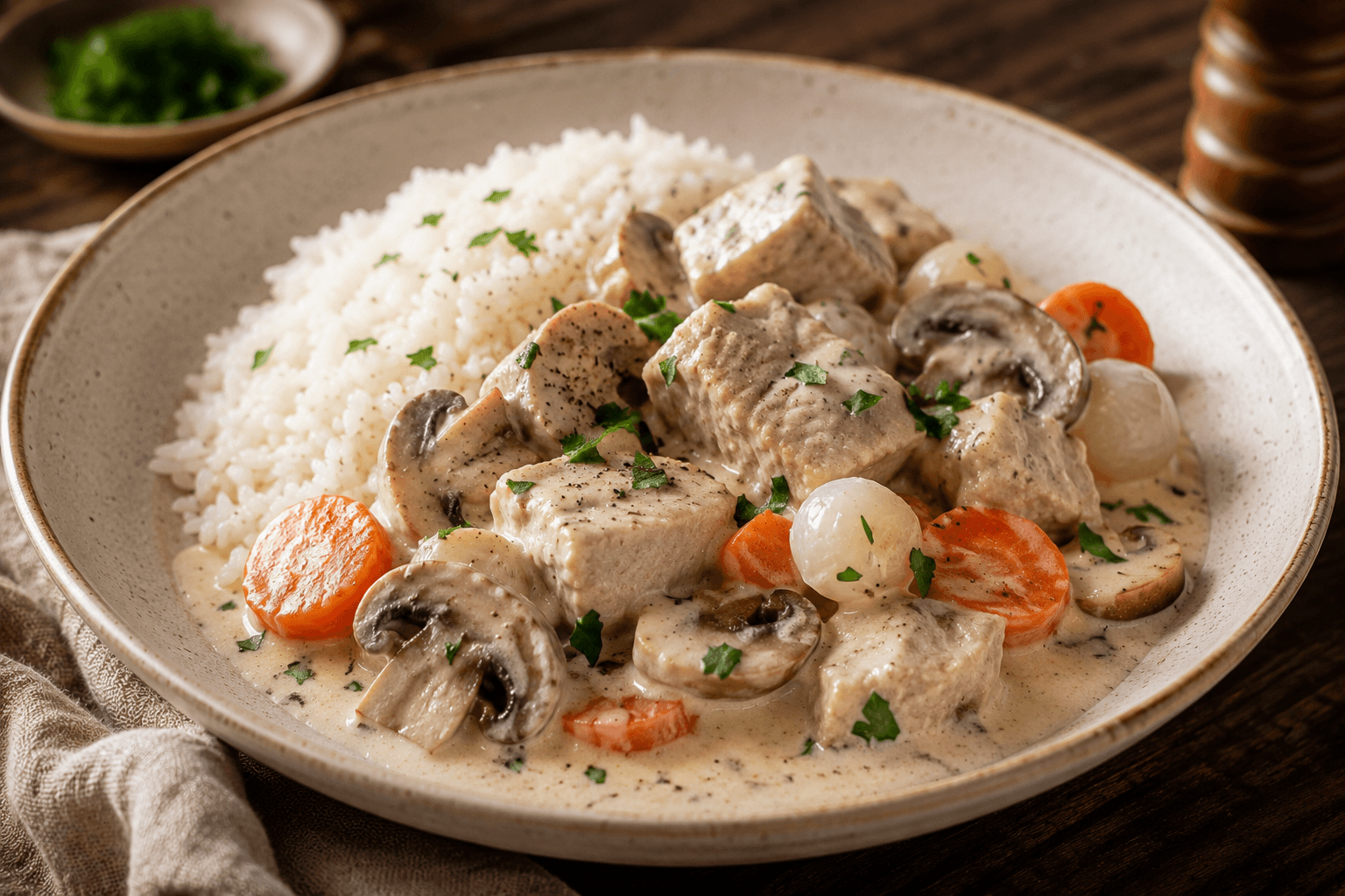 Blanquette de veau à l'ancienne servie dans une cocotte, nappée de sauce crémeuse avec champignons et petits oignons, accompagnée de riz blanc.