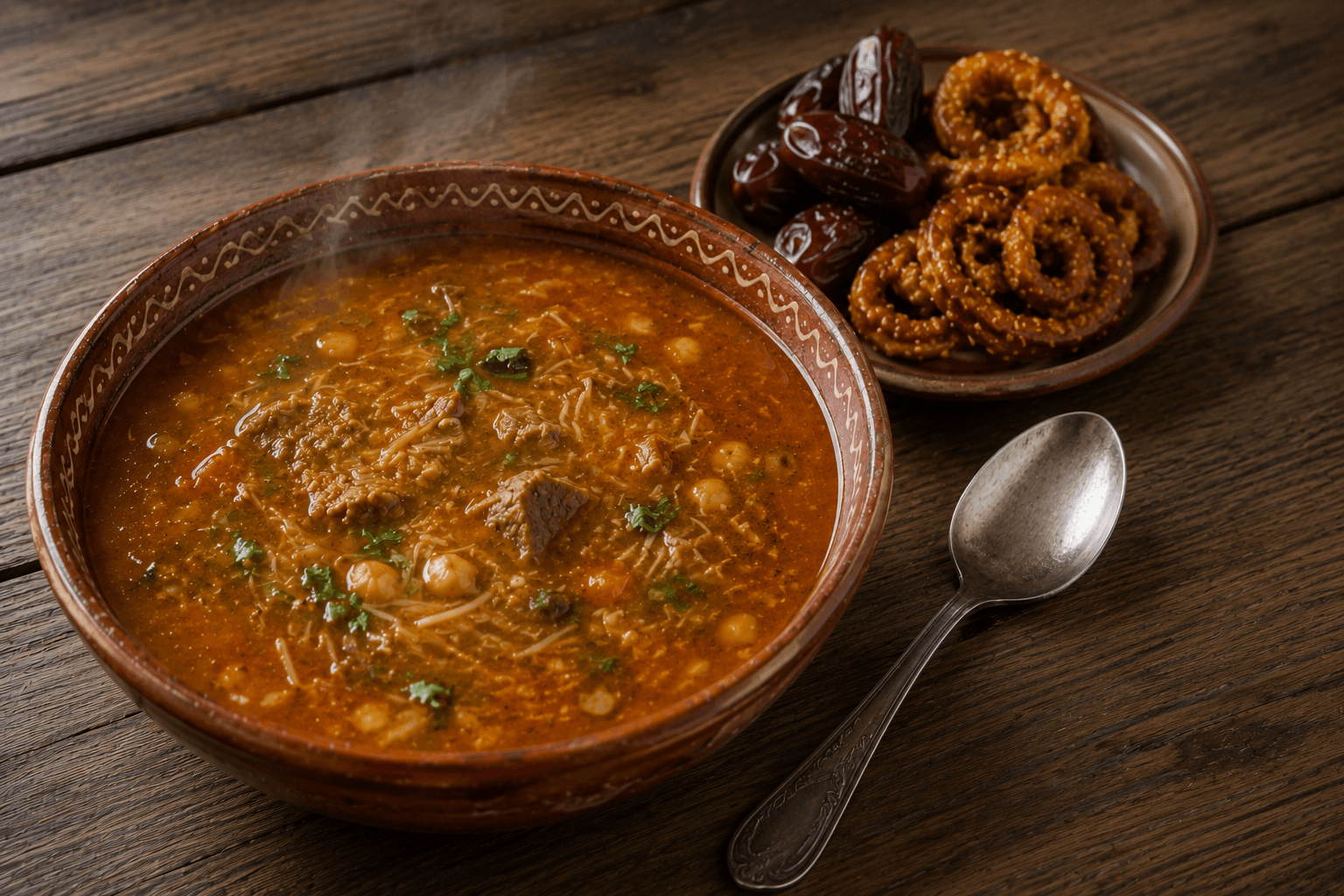 Bol de harira marocaine fumante, soupe de tomates, lentilles et pois chiches garnie de coriandre fraîche, servie avec des dattes et un quartier de citron.