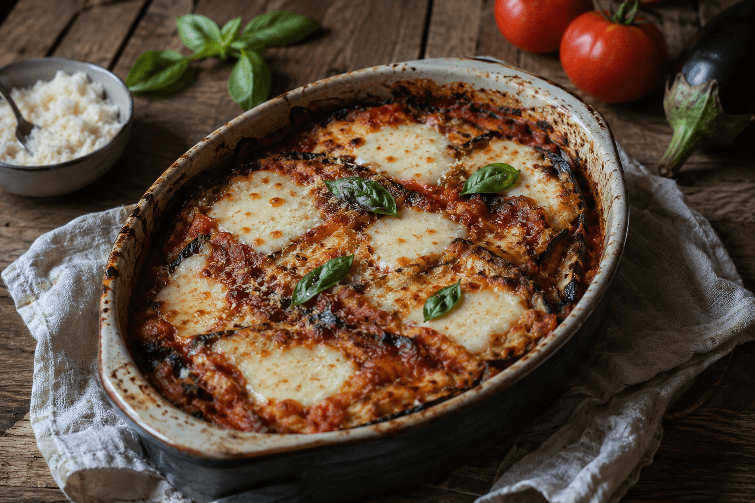 Gratin de melanzane alla parmigiana fraîchement sorti du four, tranches d'aubergine, sauce tomate au basilic, mozzarella fondue et parmesan doré