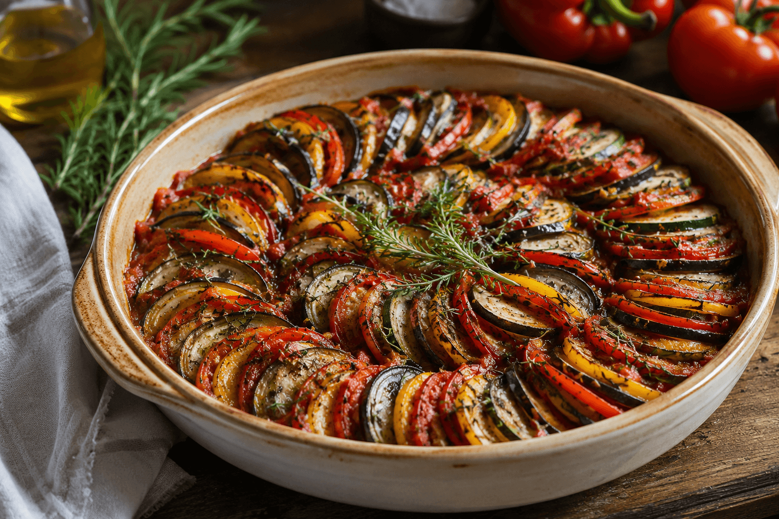 Ratatouille provençale mijotée dans une cocotte en fonte, légumes colorés et basilic frais ciselé par-dessus