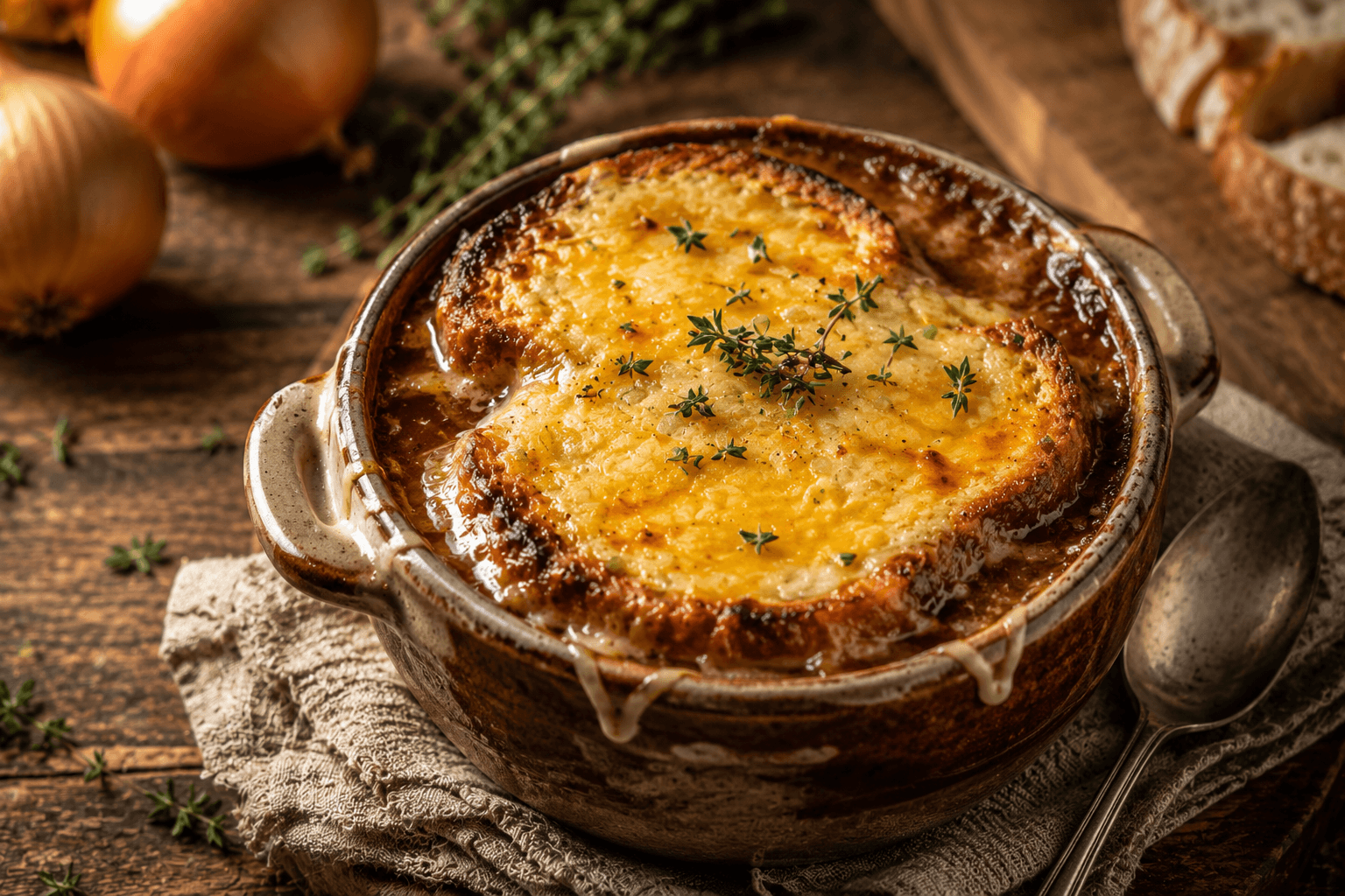 Bol individuel de soupe à l'oignon gratinée avec croûton de pain de campagne et gruyère fondu doré, servi bien chaud dans un ramequin en céramique.