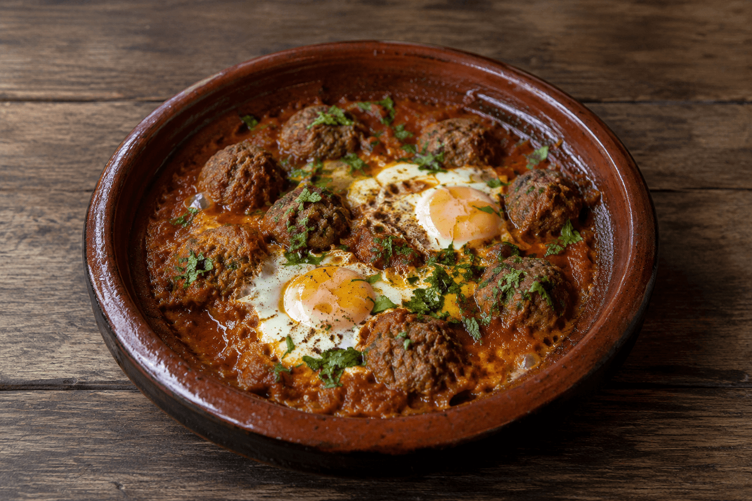 Tajine marocain de boulettes de kefta épicées mijotées dans une sauce tomate, avec des œufs pochés au jaune coulant et des herbes fraîches, servi dans son plat en terre cuite.