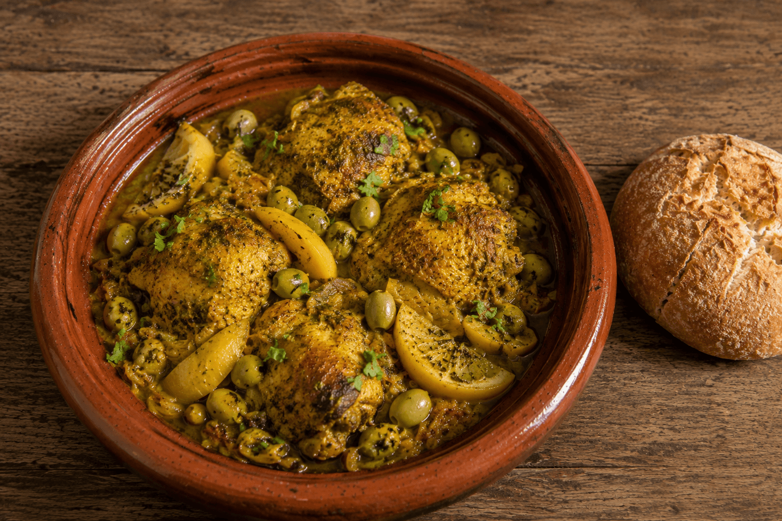 Tajine de poulet aux citrons confits et olives servi dans son plat en terre cuite, sauce dorée au safran et au gingembre, garni de coriandre fraîche.