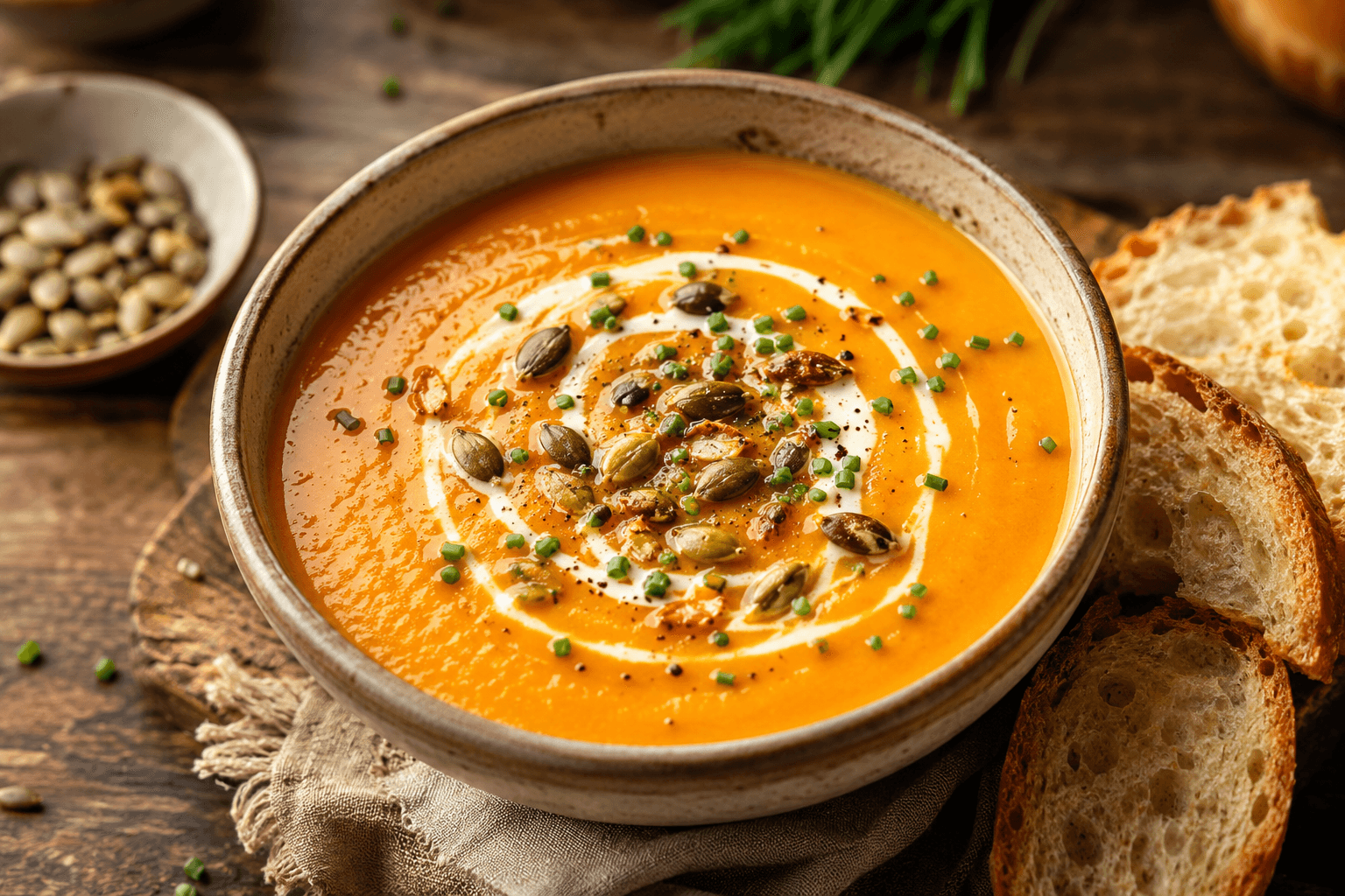 Velouté de potimarron orange et onctueux servi dans un bol, parsemé de graines de courge torréfiées et d'un filet d'huile d'olive.