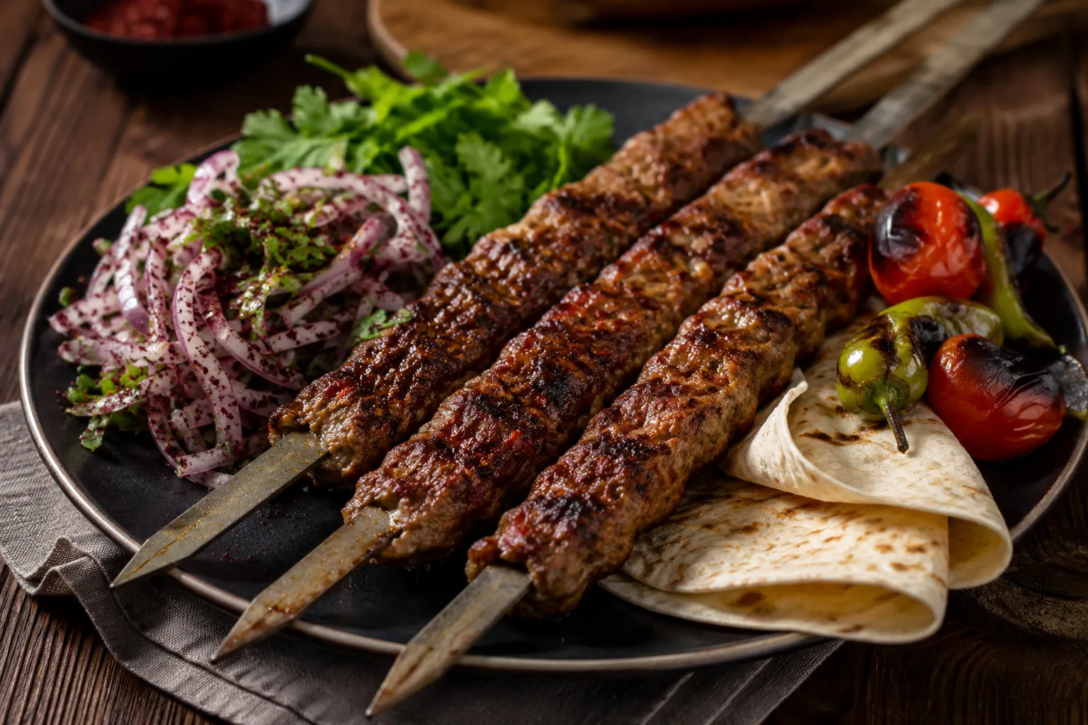 Brochettes d'Adana kebab à l'agneau grillées sur des braises, servies avec oignons au sumac, pain lavash et poivrons grillés