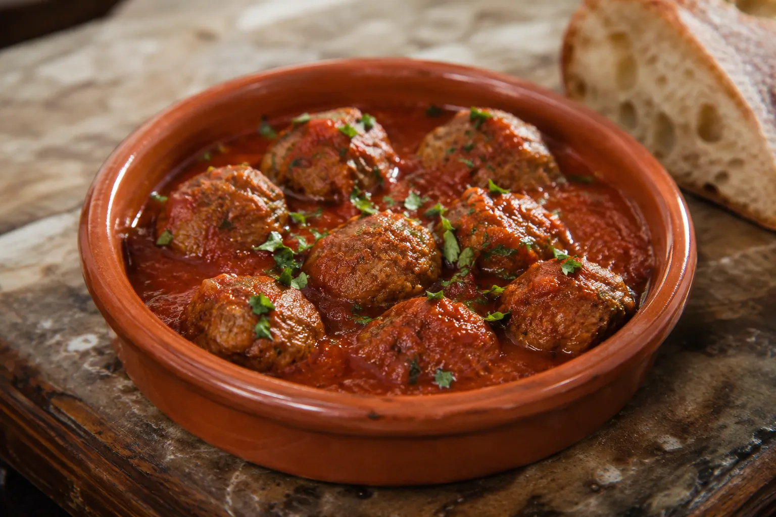 Albóndigas en salsa servies dans une cazuela en terre cuite, boulettes de viande nappées de sauce tomate au paprika fumé, parsemées de persil frais.
