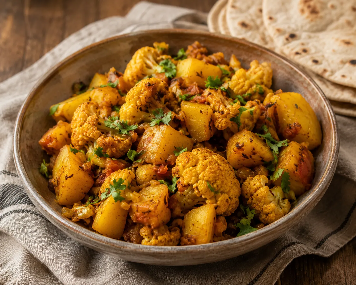 Aloo gobi doré dans une kadhai, pommes de terre et bouquets de chou-fleur sautés aux épices indiennes, parsemés de coriandre fraîche