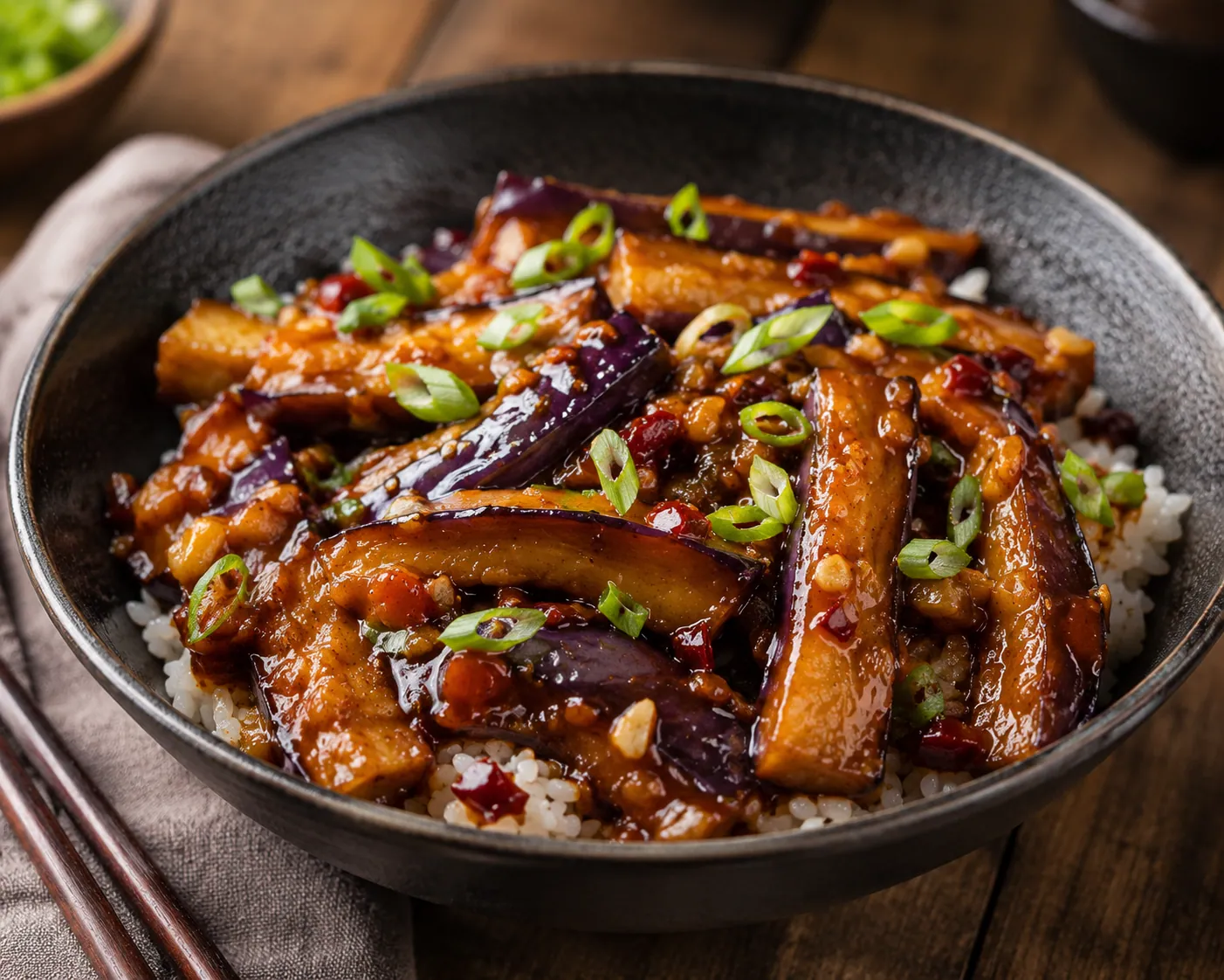 Bâtonnets d'aubergine glacés dans une sauce brillante rouge-brun au doubanjiang, parsemés d'oignon nouveau, servis en bol sur du riz vapeur