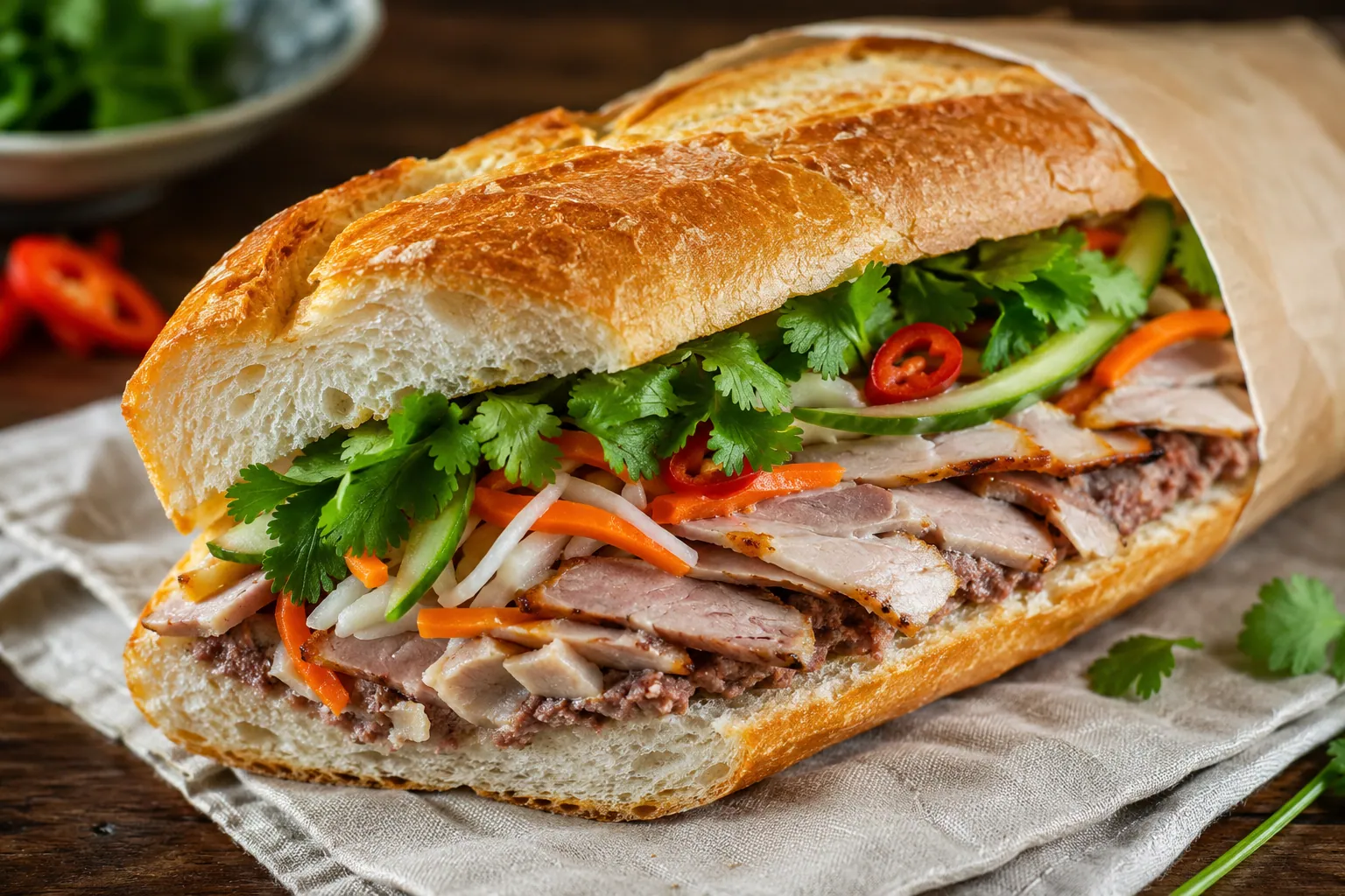 Sandwich bánh mì vietnamien coupé en deux, garni de porc, pâté, pickles de carotte et daïkon, concombre, coriandre et piment, posé sur une planche en bois.