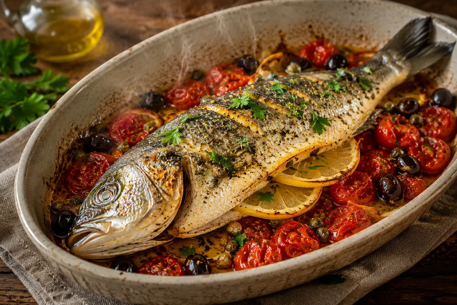 Bar entier rôti au four à l'italienne sur un lit de tomates cerises, olives noires et câpres, arrosé d'huile d'olive et parsemé de persil frais.