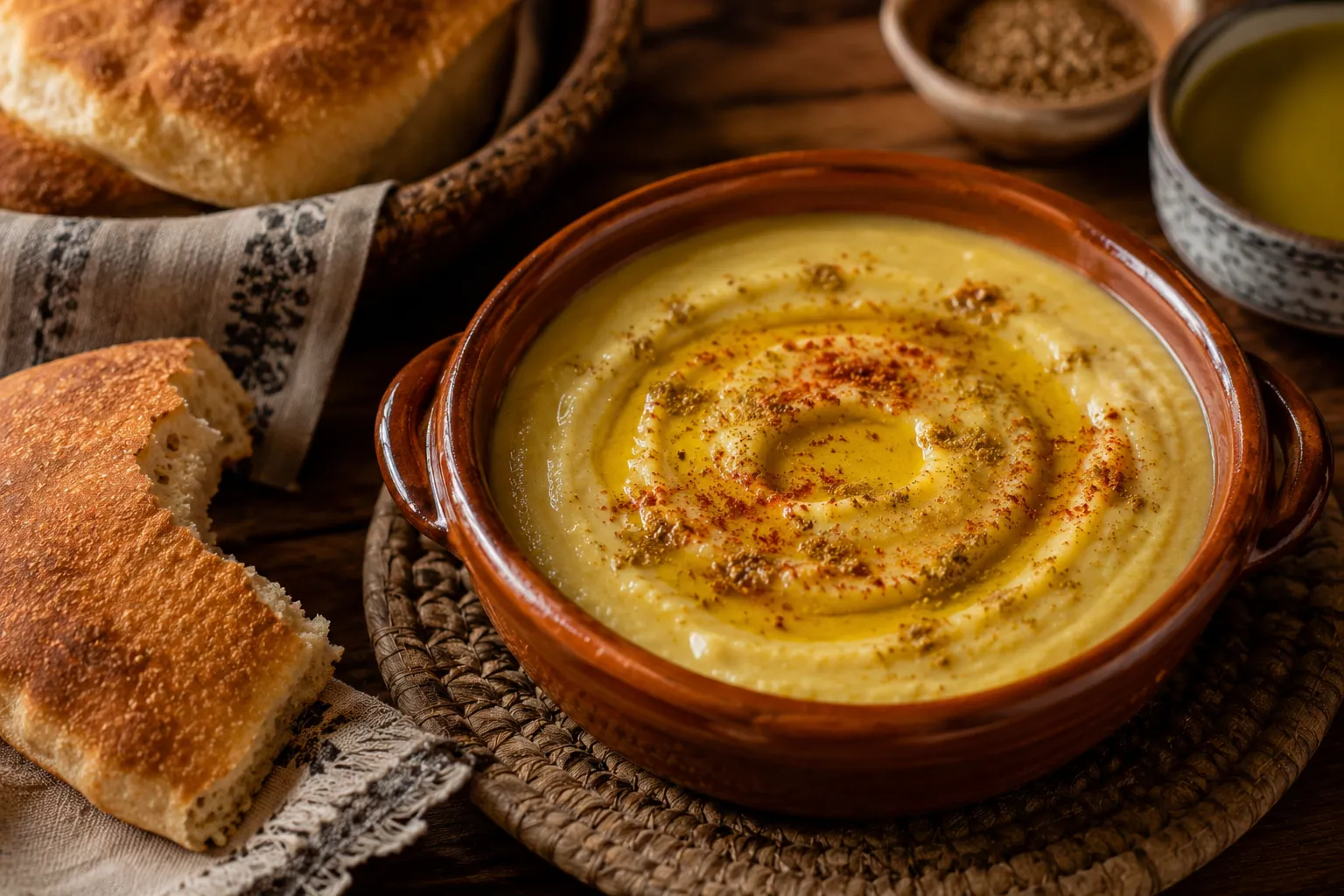 Bol de bissara marocaine, velouté de fèves nappé d'huile d'olive et saupoudré de cumin et de paprika, servi avec du pain khobz.