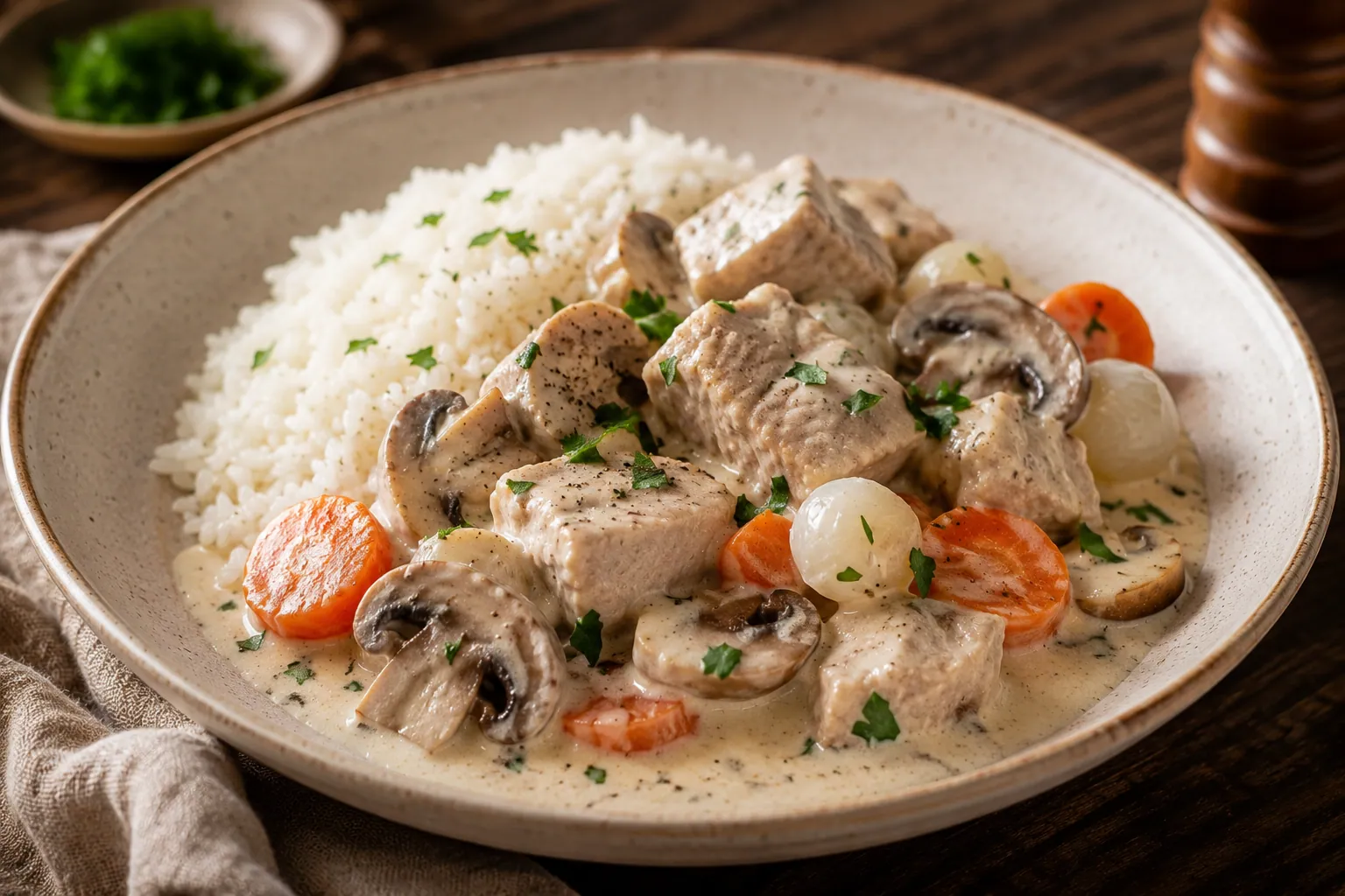 Blanquette de veau à l'ancienne servie dans une cocotte, nappée de sauce crémeuse avec champignons et petits oignons, accompagnée de riz blanc.