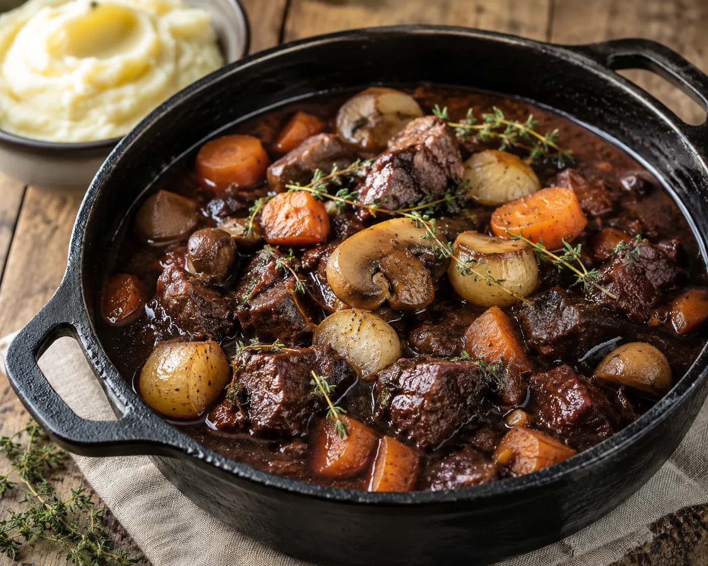 Cocotte de bœuf bourguignon mijoté avec morceaux de viande fondante, lardons, champignons et petits oignons dans une sauce au vin rouge, servi avec des pommes vapeur.