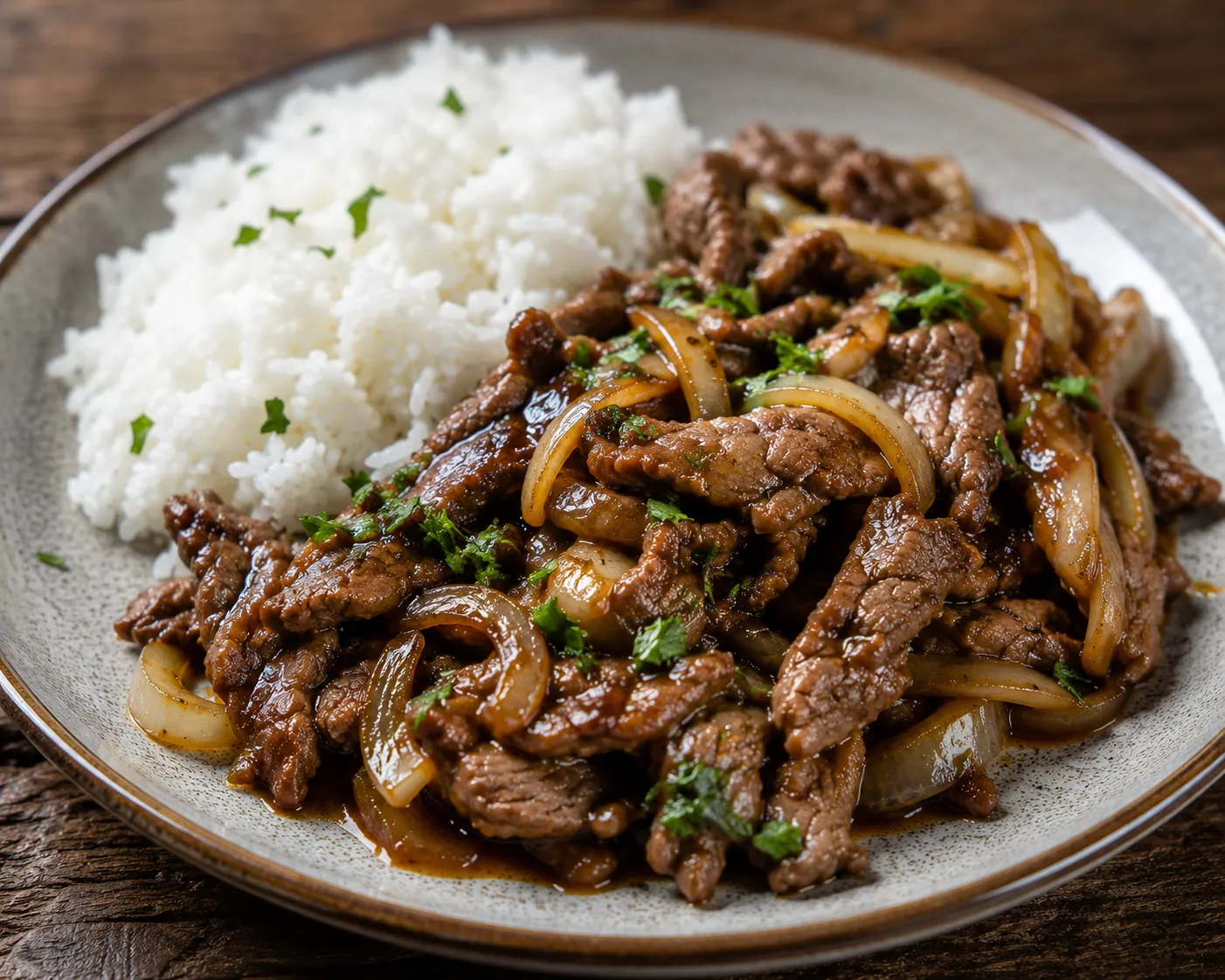 Bœuf sauté aux oignons façon cantonaise, lamelles de bœuf tendres et oignons caramélisés nappés d'une sauce brune brillante, parsemé d'oignons nouveaux, servi dans un wok