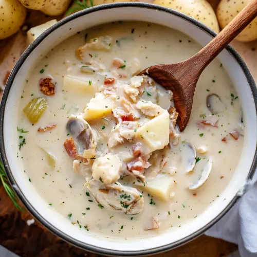 Bol de clam chowder de Nouvelle-Angleterre crémeuse garnie de palourdes, dés de pommes de terre et lardons de poitrine fumée, parsemée de persil frais, servie avec des oyster crackers.