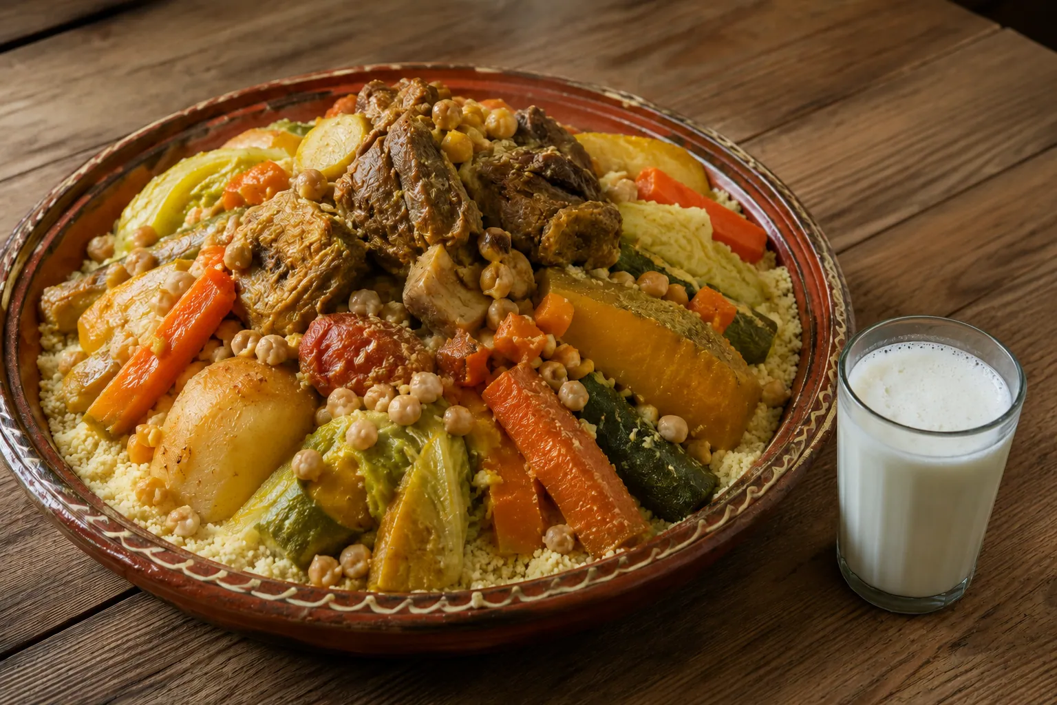 Couscous marocain aux sept légumes dressé en dôme, garni de courgettes, carottes, potiron et pois chiches, servi avec son bouillon épicé et parsemé de coriandre fraîche.