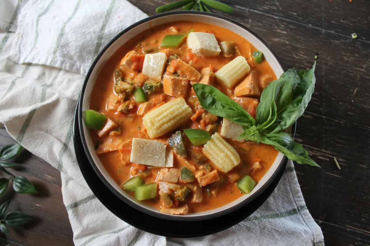 Curry rouge thaïlandais vegan avec tofu doré, poivron, courgette et pois gourmands dans une sauce au lait de coco, servi avec du riz jasmin et du basilic thaï.