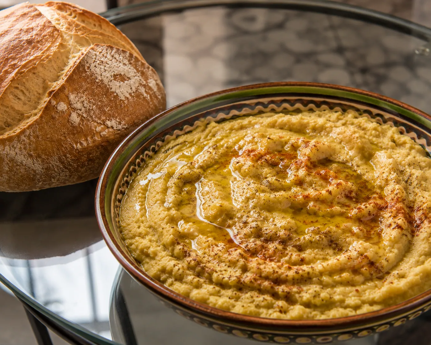 Purée de fava grecque servie dans un plat creux, arrosée d'huile d'olive et garnie d'oignon rouge émincé et de câpres, meze traditionnel des Cyclades.
