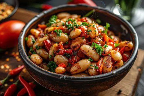 Plat à gratin de gigantes plaki, haricots blancs géants grecs mijotés dans une sauce tomate à l'huile d'olive, gratinés au four et parsemés de persil et d'aneth frais.