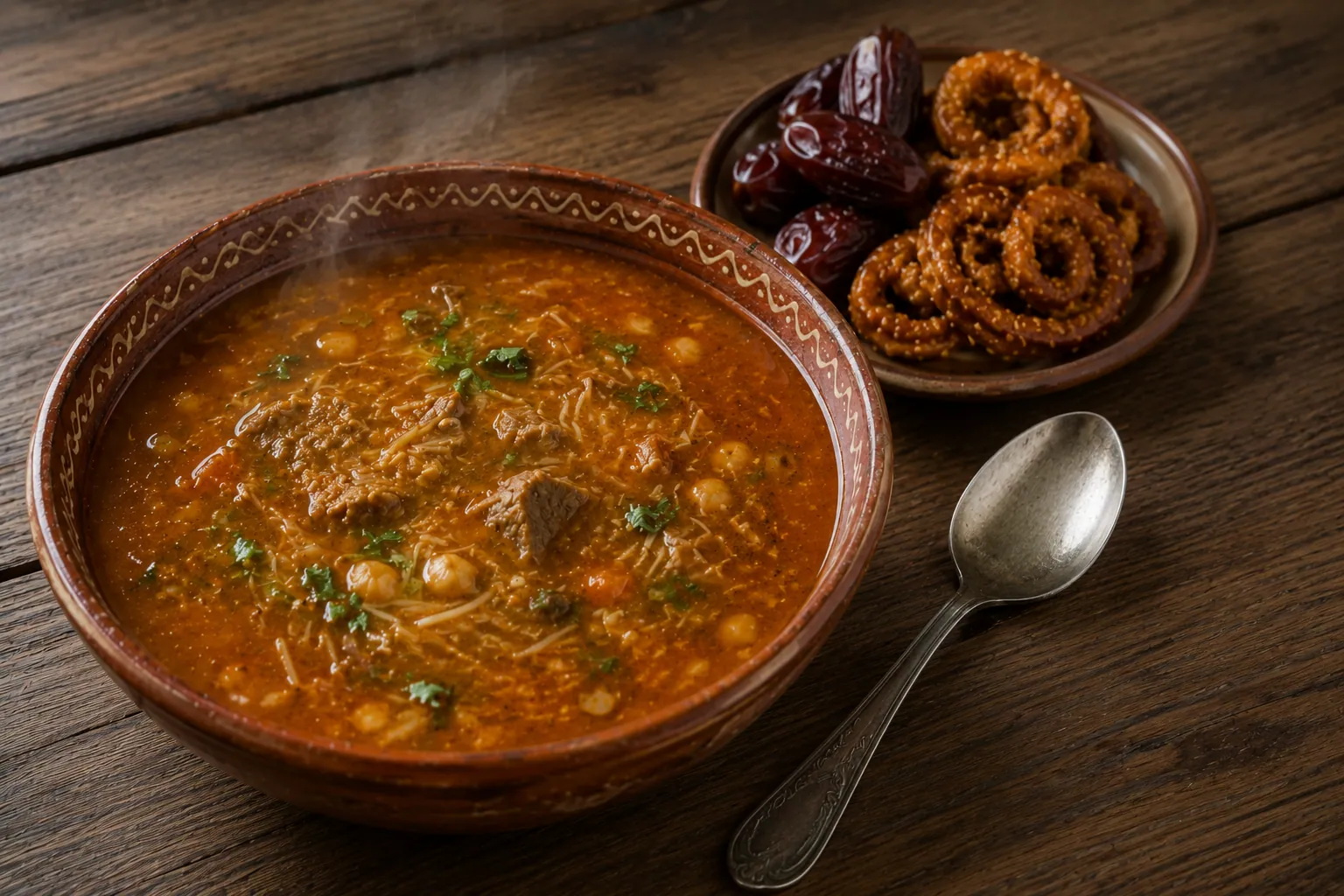 Bol de harira marocaine fumante, soupe de tomates, lentilles et pois chiches garnie de coriandre fraîche, servie avec des dattes et un quartier de citron.