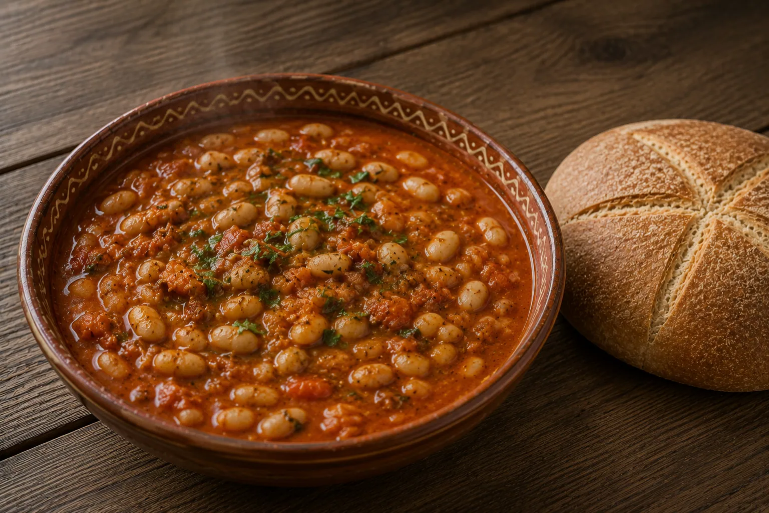 Cocotte de loubia marocaine, haricots blancs mijotés dans une sauce tomate épicée au cumin et paprika, parsemée de coriandre fraîche et servie avec du pain khobz.