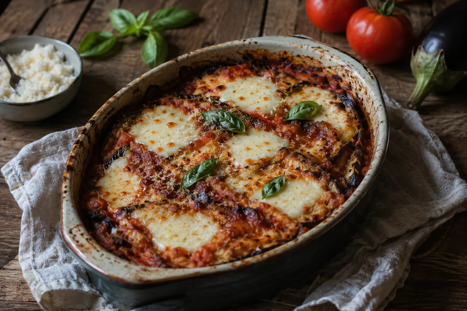 Gratin de melanzane alla parmigiana fraîchement sorti du four, tranches d'aubergine, sauce tomate au basilic, mozzarella fondue et parmesan doré