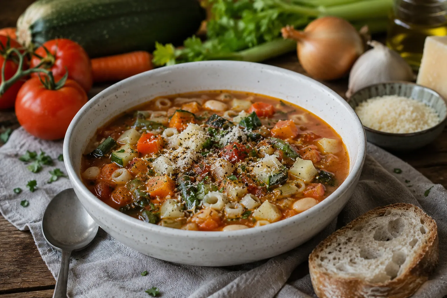 Bol de minestrone fumant garni de légumes colorés, haricots blancs et pâtes courtes, parsemé de basilic frais et nappé d'un filet d'huile d'olive.