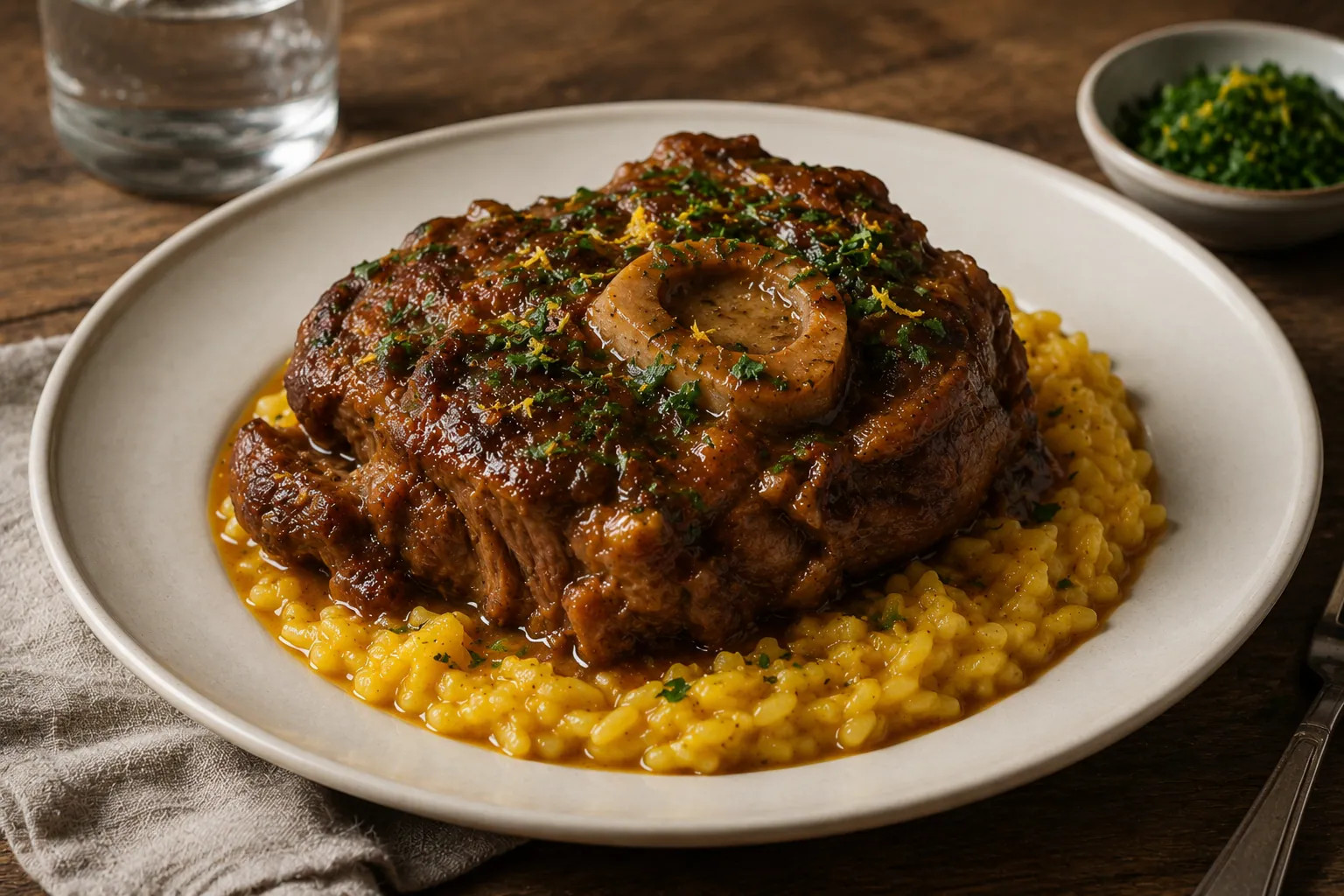 Tranches d'osso buco à la milanaise mijotées dans leur sauce tomate, parsemées de gremolata au citron et persil, servies sur un risotto au safran