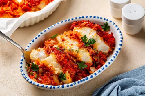 Psari plaki, filets de poisson blanc cuits au four à la grecque sur un lit de pommes de terre fondantes, nappés de sauce tomate, rondelles de citron et persil frais.