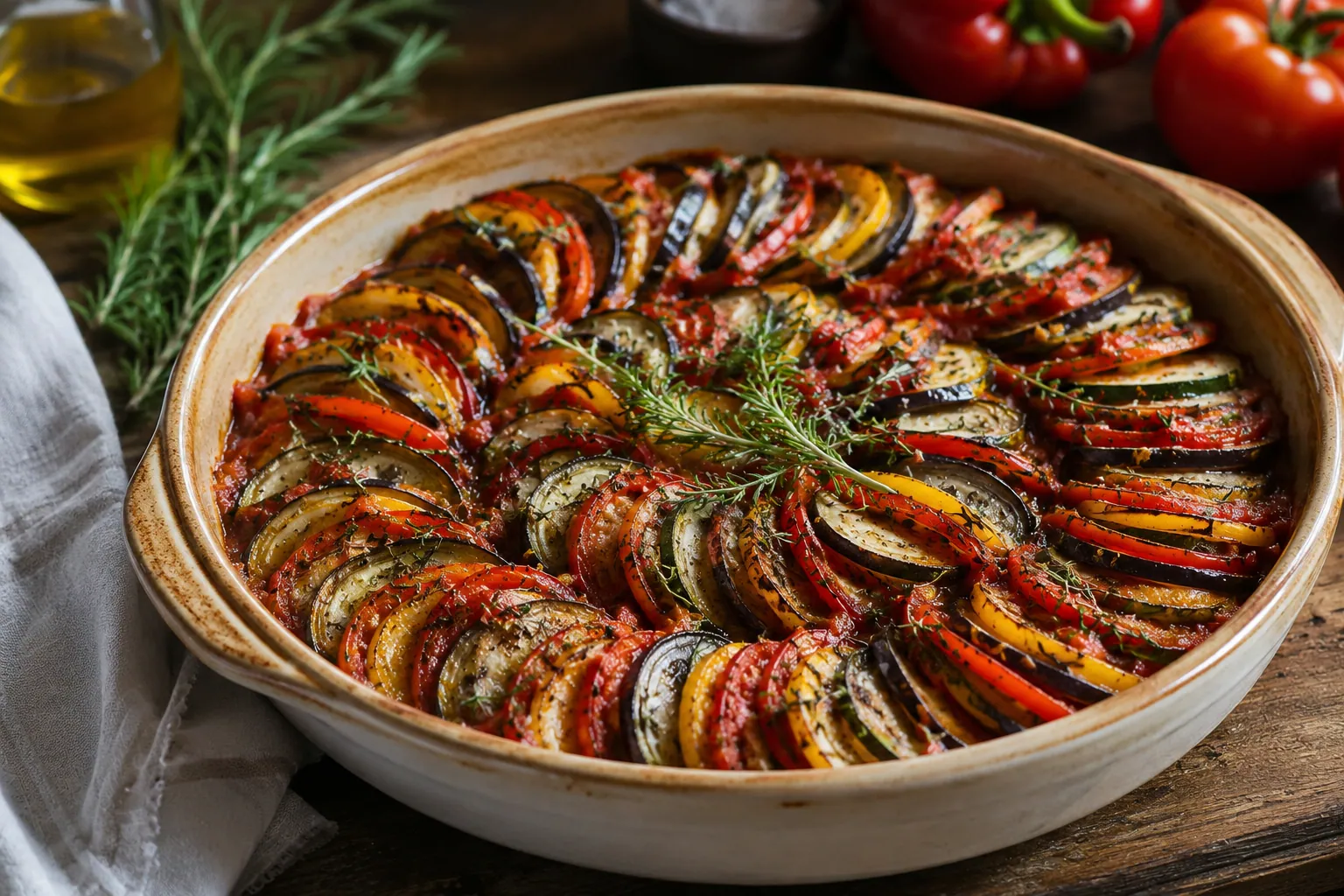 Ratatouille provençale mijotée dans une cocotte en fonte, légumes colorés et basilic frais ciselé par-dessus