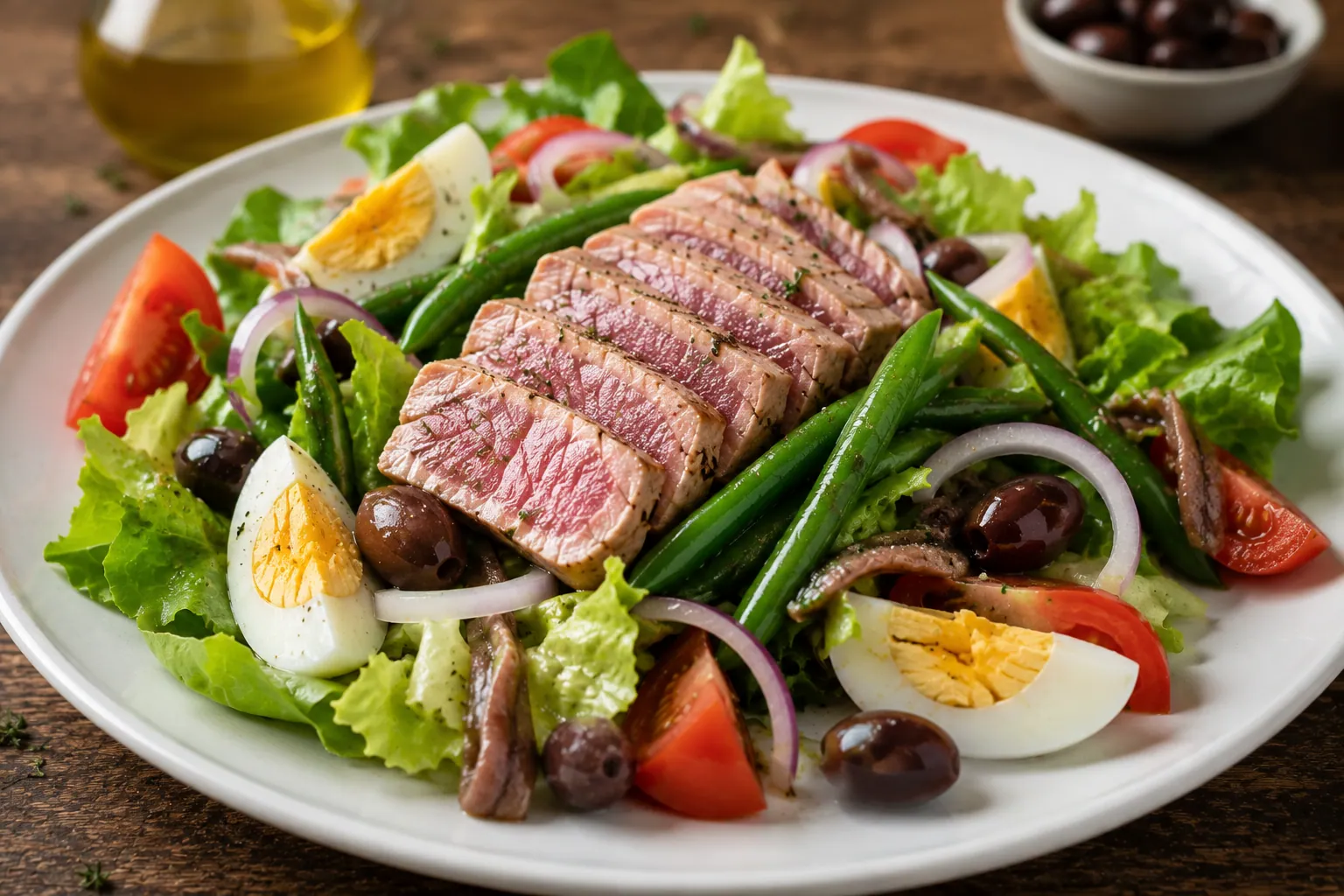 Salade niçoise dressée sur un plat blanc, avec thon émietté, œufs durs en quartiers, tomates, olives noires et filets d'anchois.
