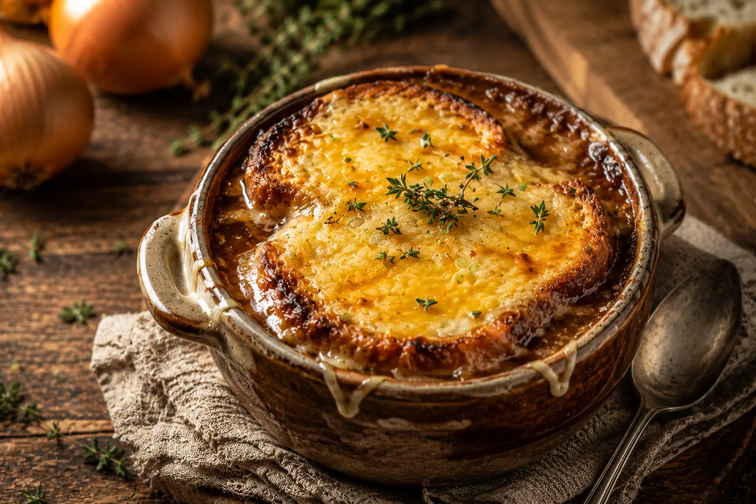 Bol individuel de soupe à l'oignon gratinée avec croûton de pain de campagne et gruyère fondu doré, servi bien chaud dans un ramequin en céramique.
