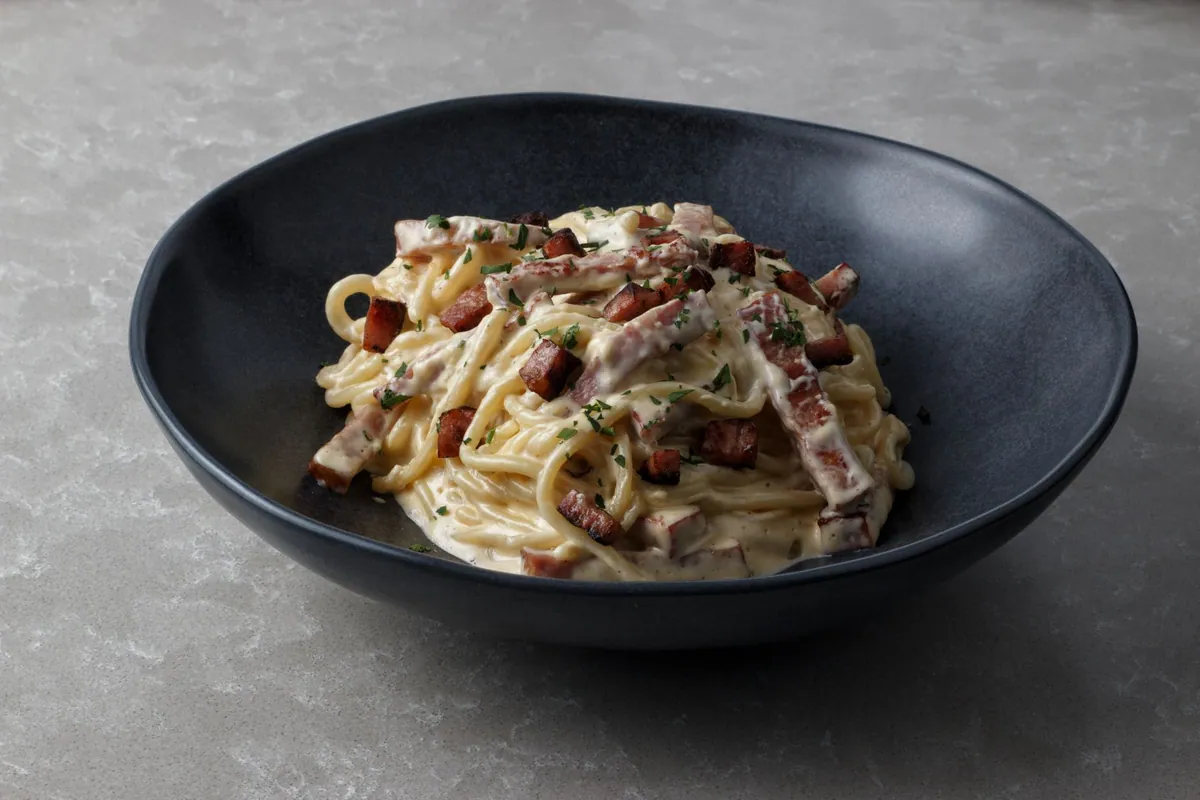 Assiette de spaghetti alla carbonara nappés d'une sauce crémeuse aux jaunes d'œufs et pecorino, parsemés de dés de guanciale doré et de poivre noir moulu.