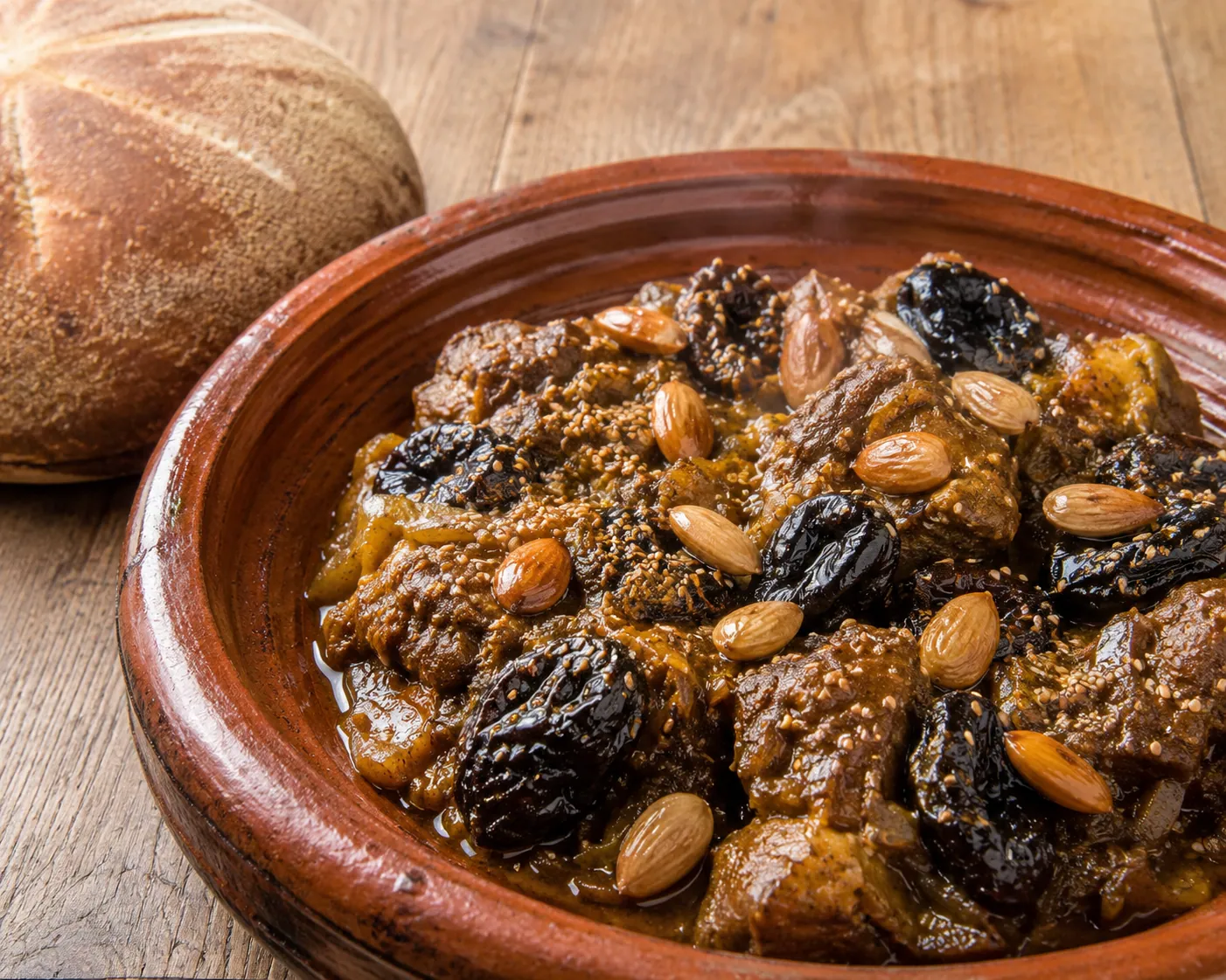 Tajine de bœuf aux pruneaux et amandes dans un plat en terre cuite, viande fondante nappée d'une sauce sirupeuse au miel et à la cannelle, parsemée d'amandes dorées et de graines de sésame.