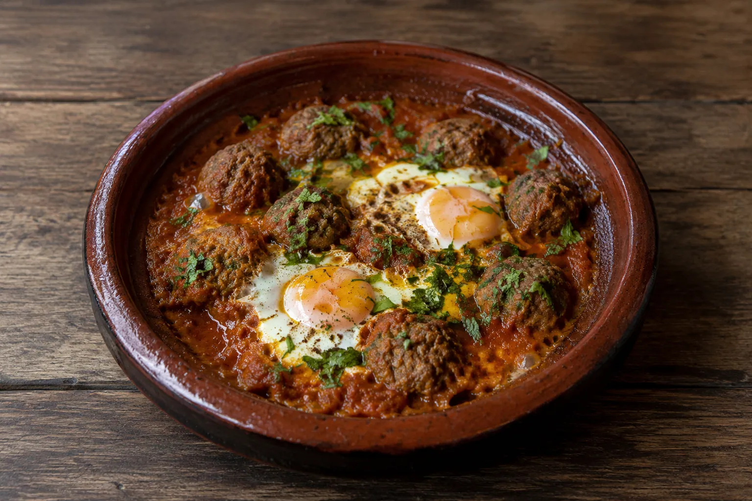 Tajine marocain de boulettes de kefta épicées mijotées dans une sauce tomate, avec des œufs pochés au jaune coulant et des herbes fraîches, servi dans son plat en terre cuite.