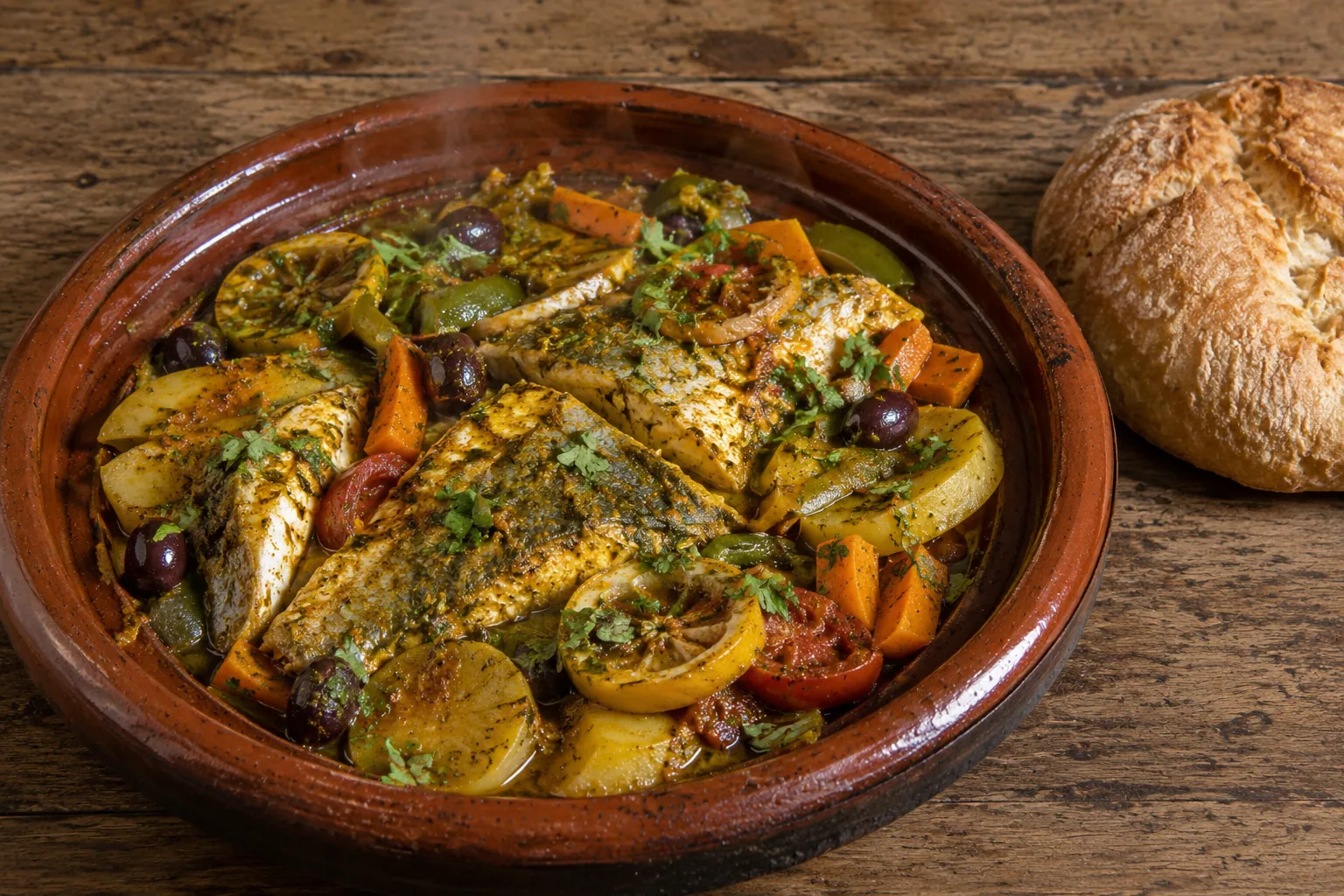 Tajine de poisson à la chermoula servi dans son plat en terre cuite, poisson nappé de sauce aux herbes, pommes de terre, poivrons et tomates.