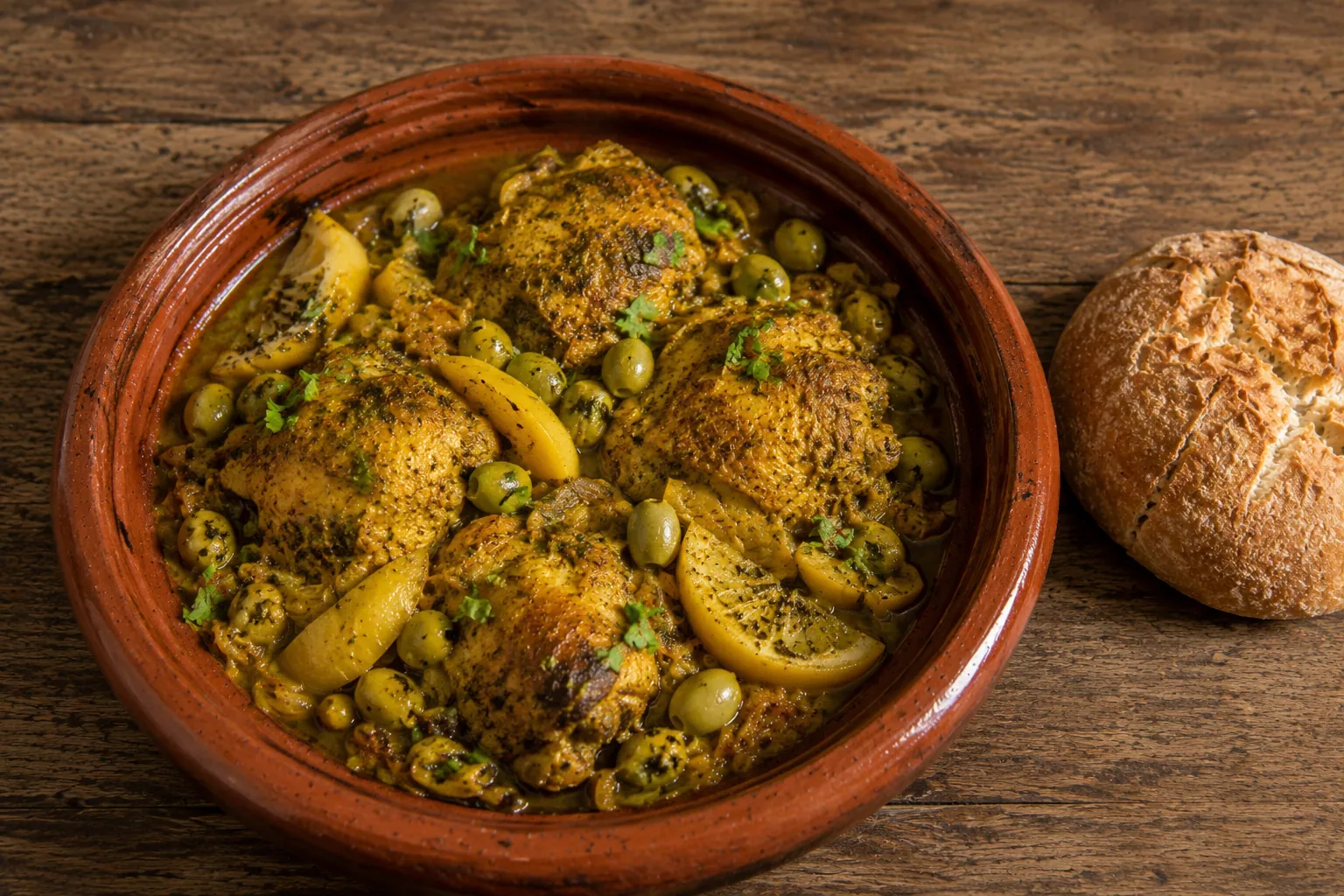 Tajine de poulet aux citrons confits et olives servi dans son plat en terre cuite, sauce dorée au safran et au gingembre, garni de coriandre fraîche.