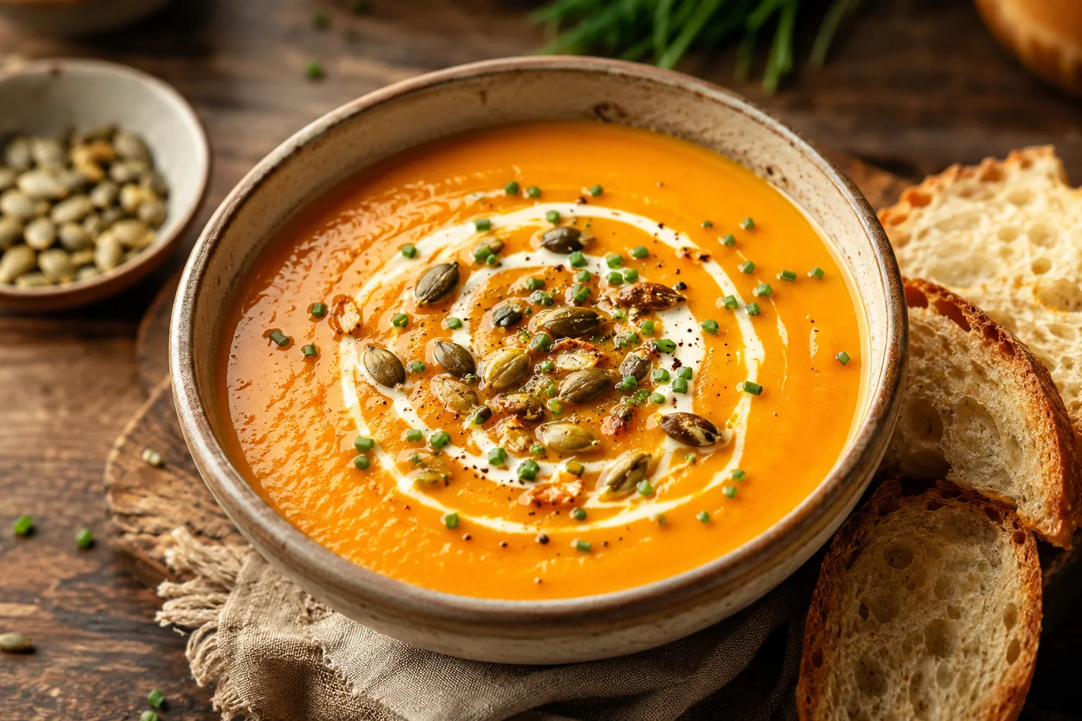 Velouté de potimarron orange et onctueux servi dans un bol, parsemé de graines de courge torréfiées et d'un filet d'huile d'olive.