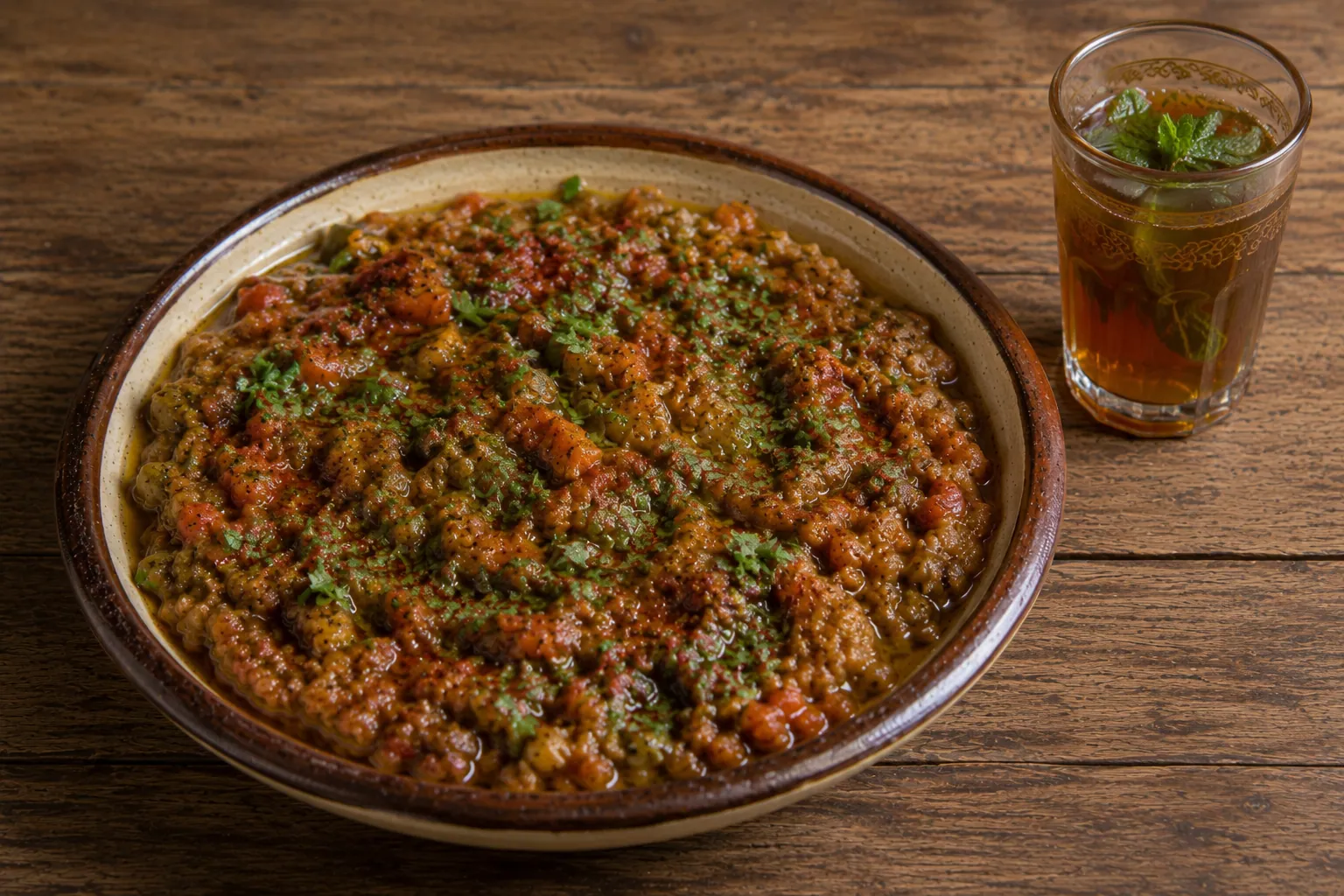 Zaalouk d'aubergines marocain dans un plat en terre cuite, nappé d'huile d'olive et parsemé de coriandre fraîche, servi avec du pain khobz.